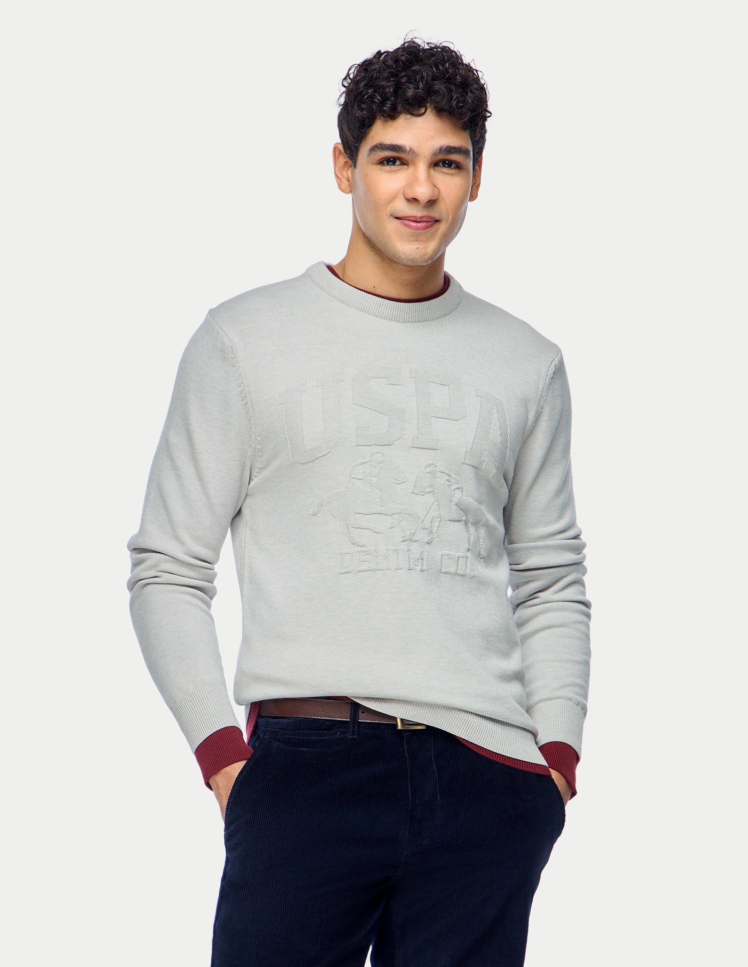 Brand Embossed Regular Fit Sweater Light Grey - U.S. Polo Assn. India | Large