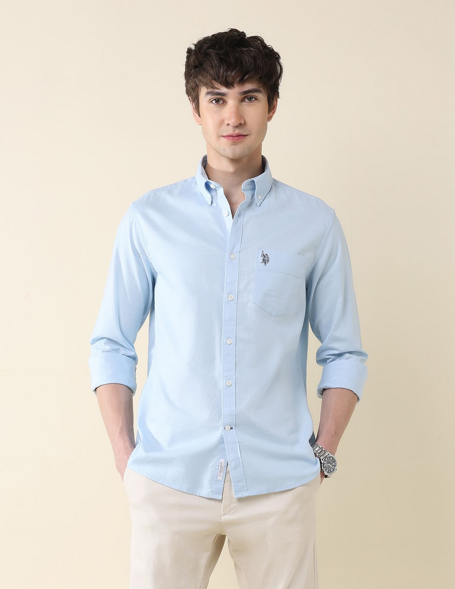 Solid Oxford Stretch Button Down Shirt Blue - U.S. Polo Assn. India | Large