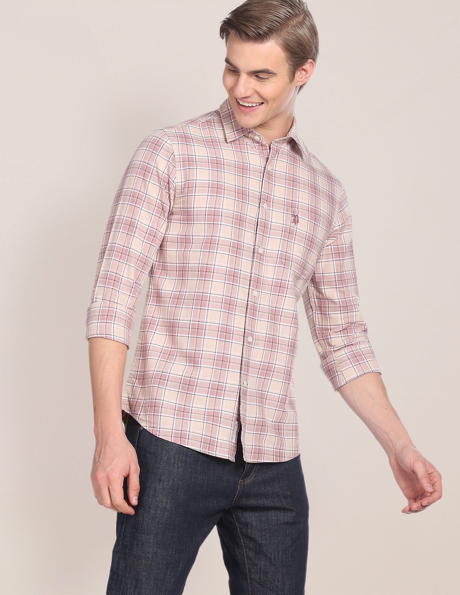 Spread Collar Tartan Check Shirt Beige - U.S. Polo Assn. India | Large