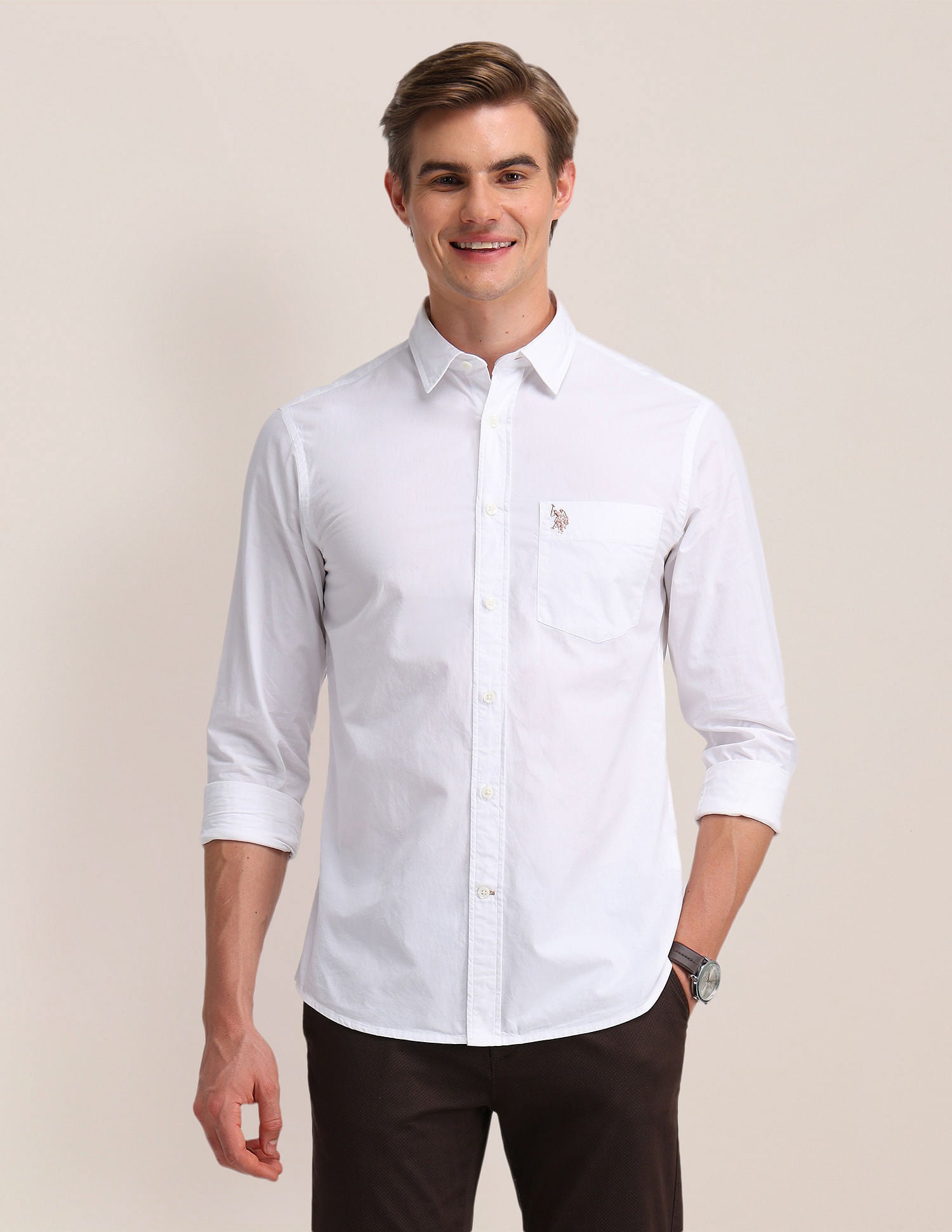 Dobby Weave Slim Fit Shirt White - U.S. Polo Assn. India | Large