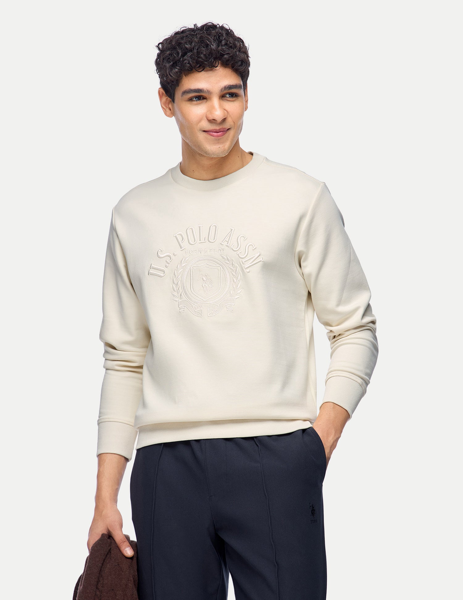 Brand Embroidered Slim Fit Sweatshirt Off White - U.S. Polo Assn. India | Large