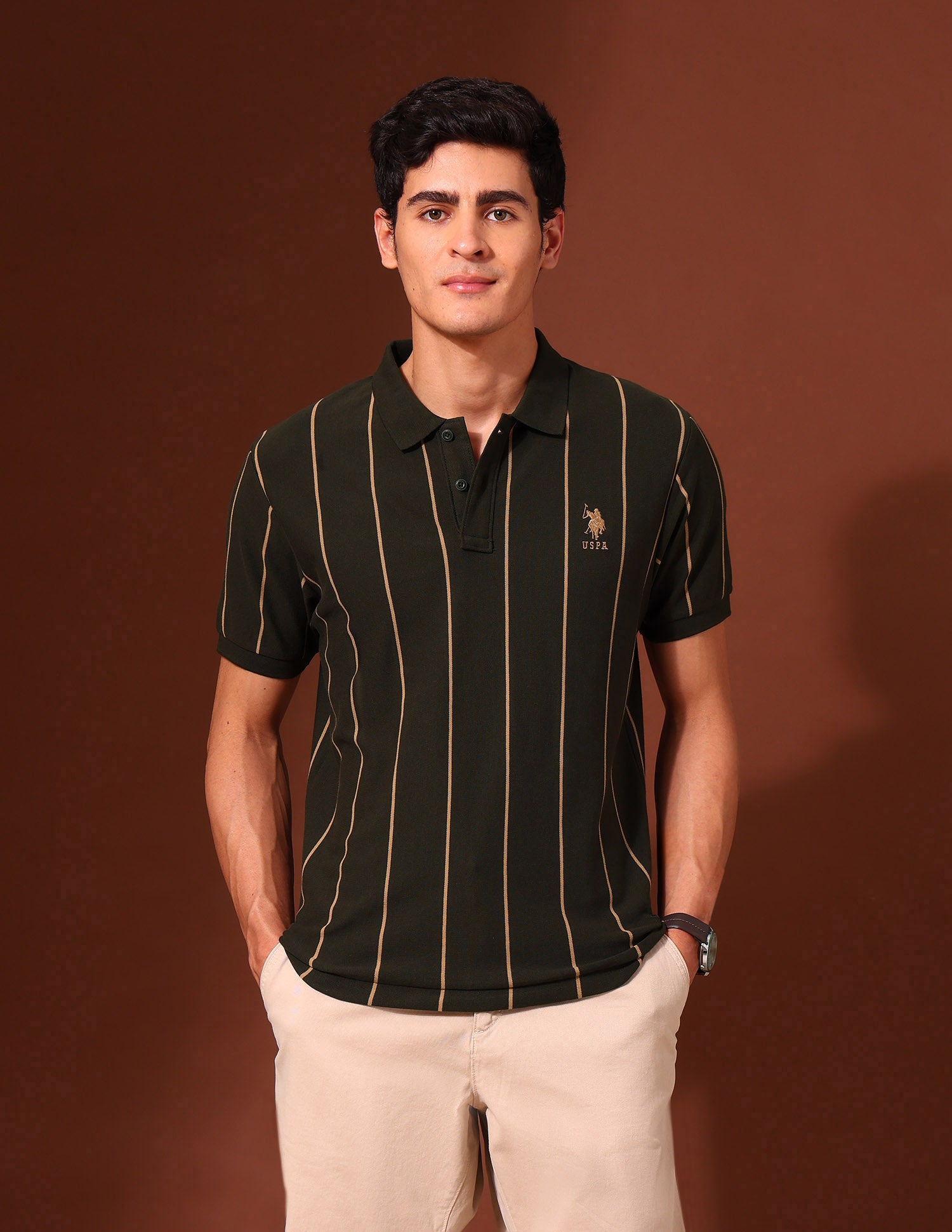 Vertical Striped Classic Polo Shirt Olive - U.S. Polo Assn. India | Large