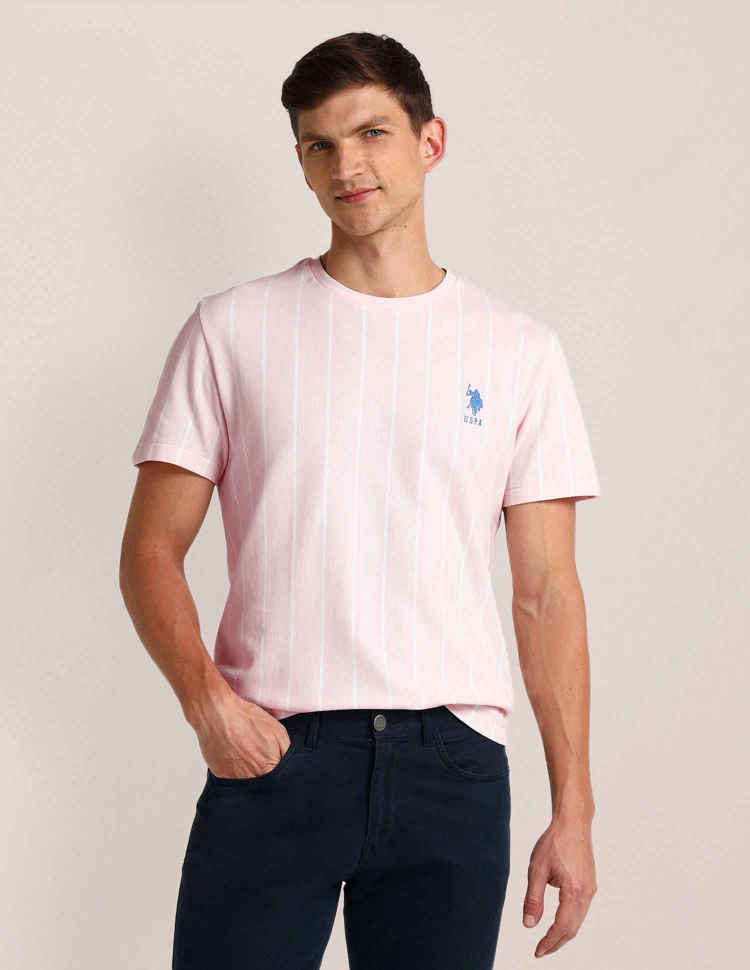 Slim Fit Vertical Striped T-Shirt Light-Pink - U.S. Polo Assn. India | Large