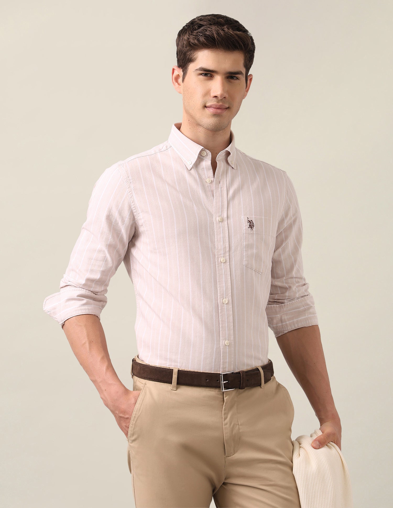 Vertical Striped Oxford Shirt Beige - U.S. Polo Assn. India | Large