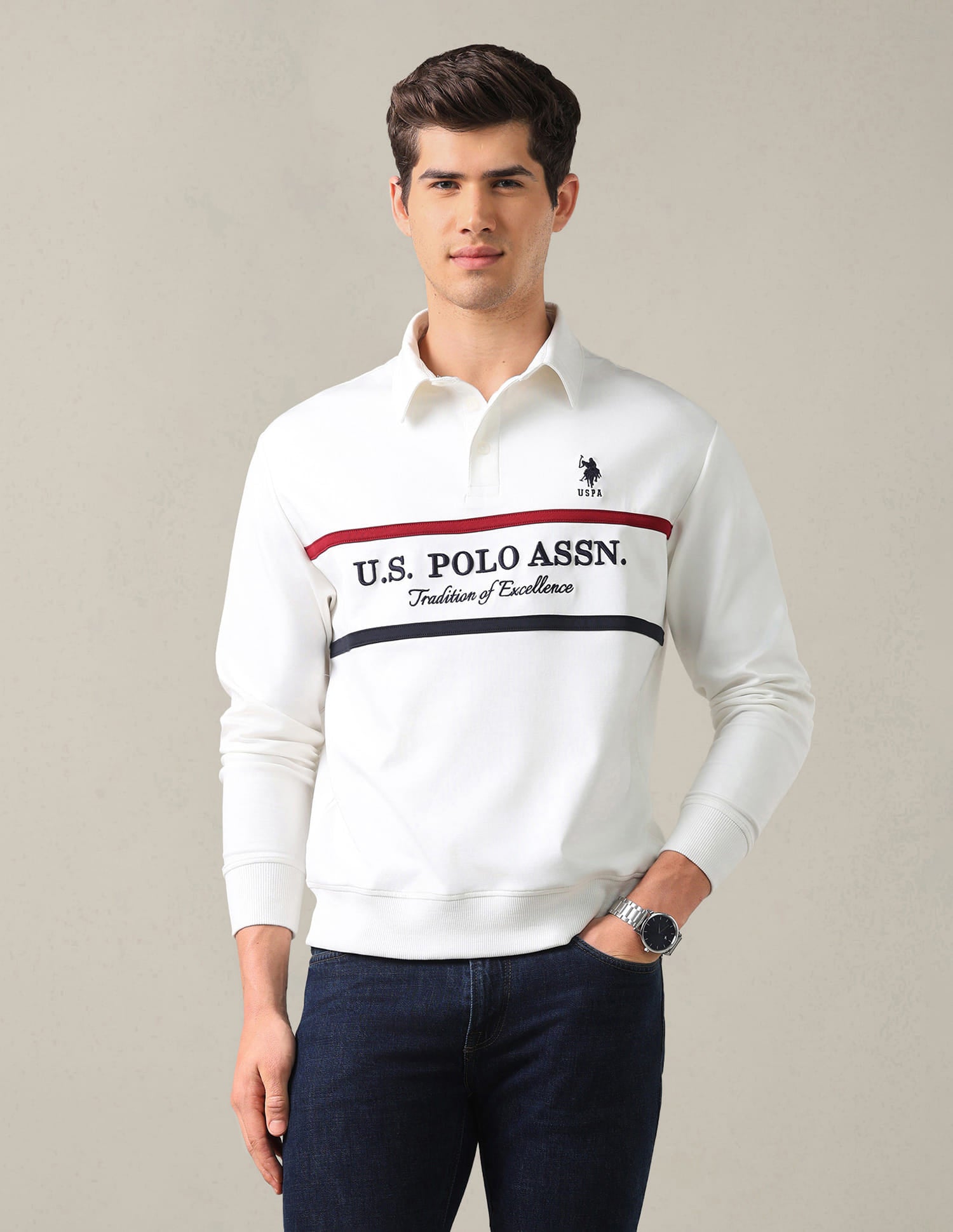 Brand Embroidered Slim Fit Sweatshirt White - U.S. Polo Assn. India | Large