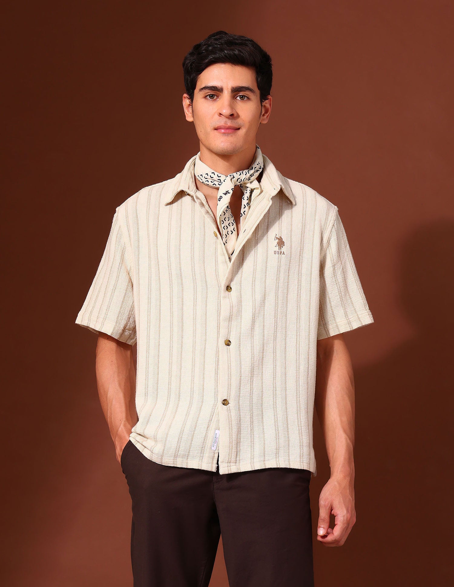Vertical Striped Pure Cotton Shirt Beige - U.S. Polo Assn. India | Large