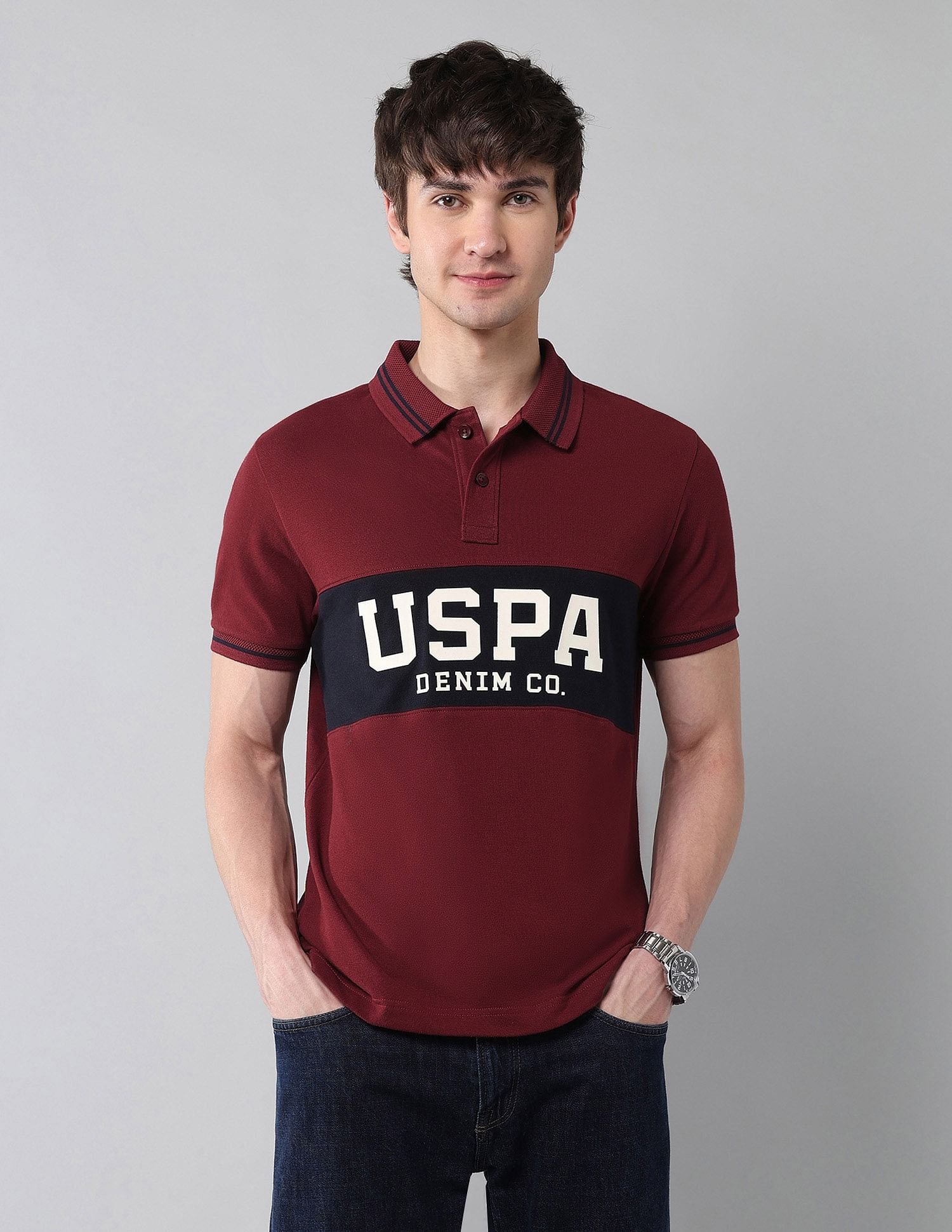 Pure Cotton Muscle Fit Polo Shirt Wine - U.S. Polo Assn. India | Large