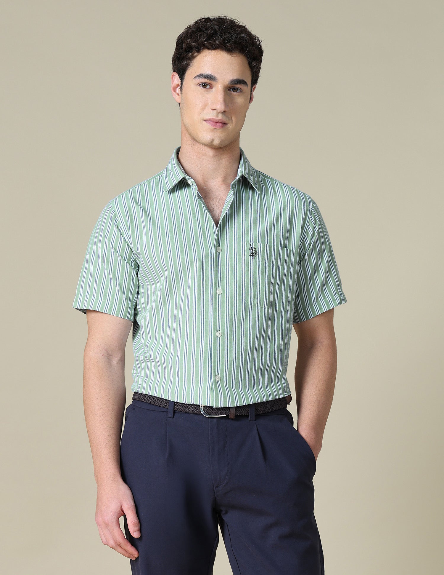Vertical Striped Seersucker Shirt Light Green - U.S. Polo Assn. India | Large