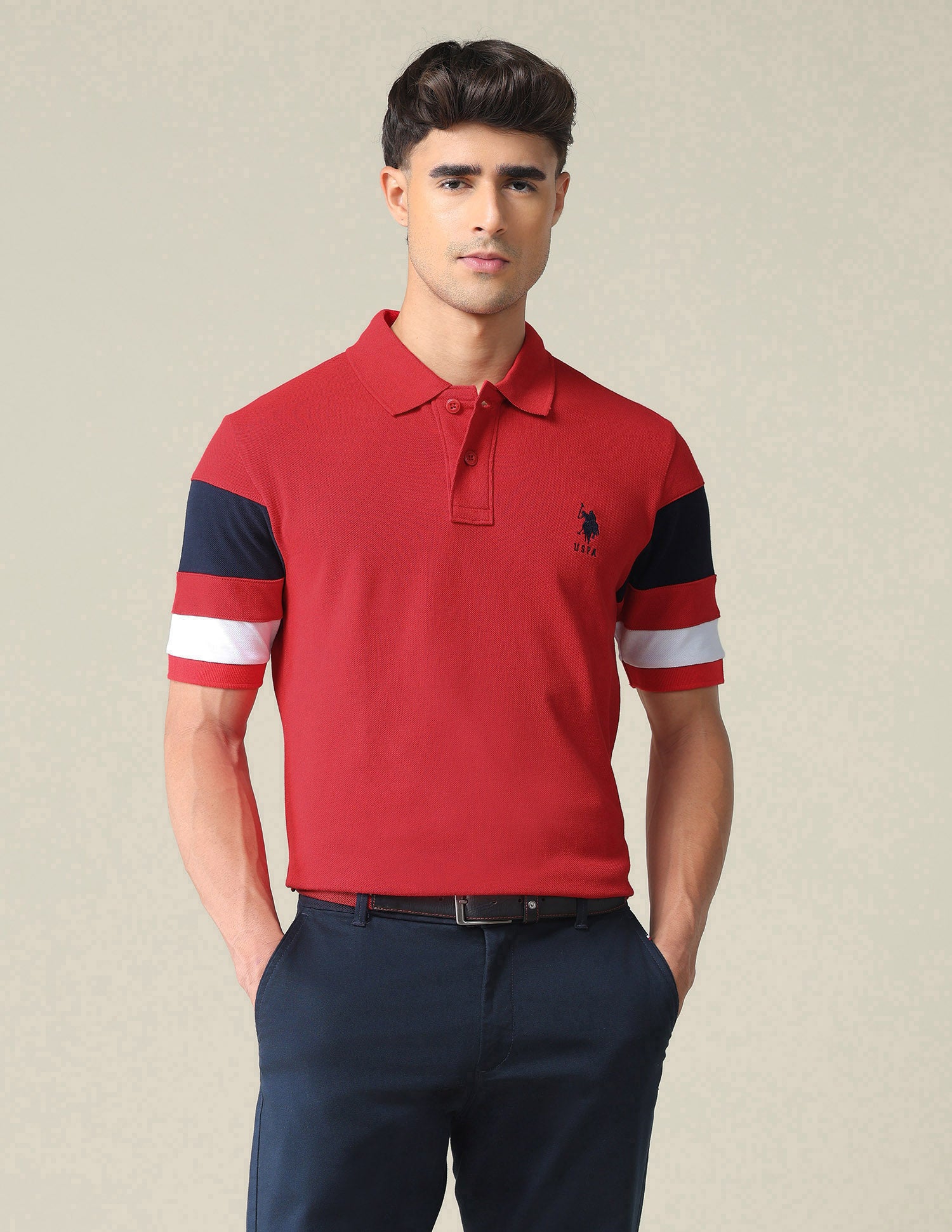 Striped Sleeve Cotton Polo Shirt