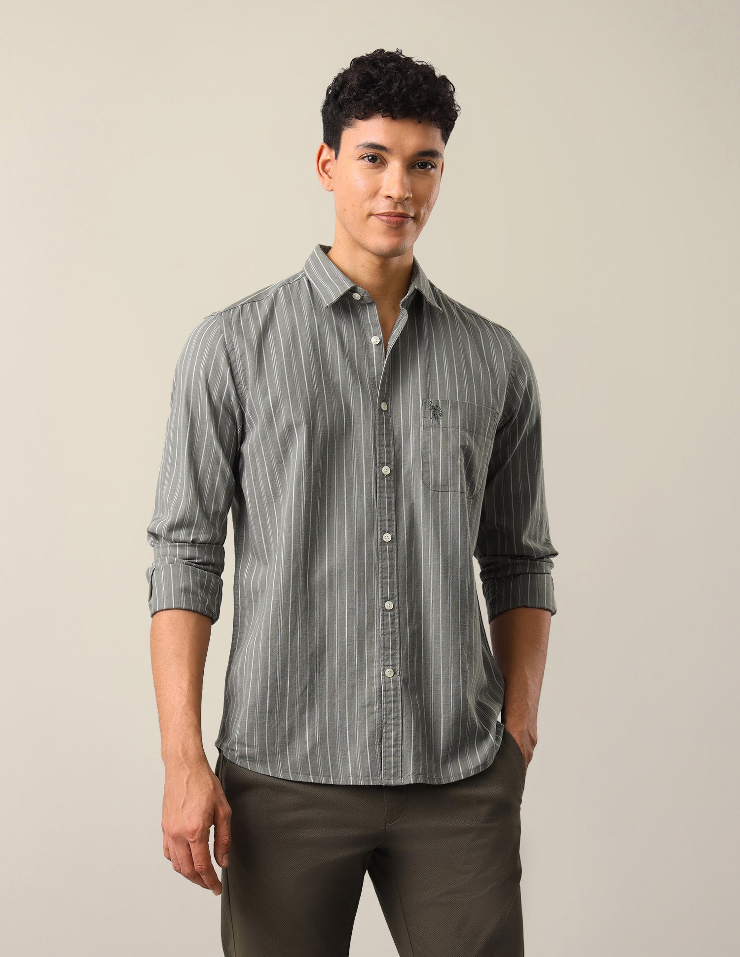Vertical Striped Regular Fit Shirt Light Olive - U.S. Polo Assn. India | Large