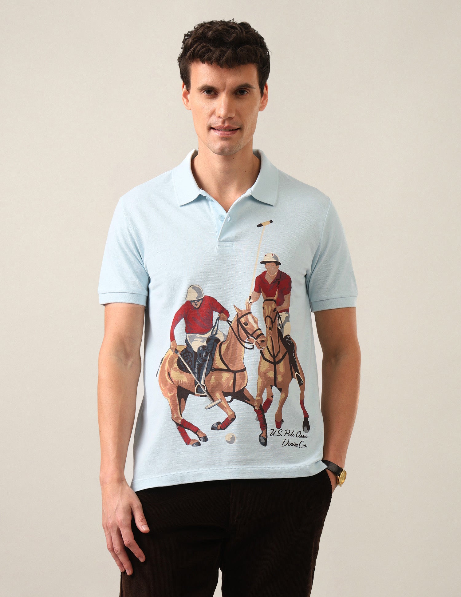 Graphic Brand Printed Slim Fit Polo Shirt Light Blue - U.S. Polo Assn. India | Large