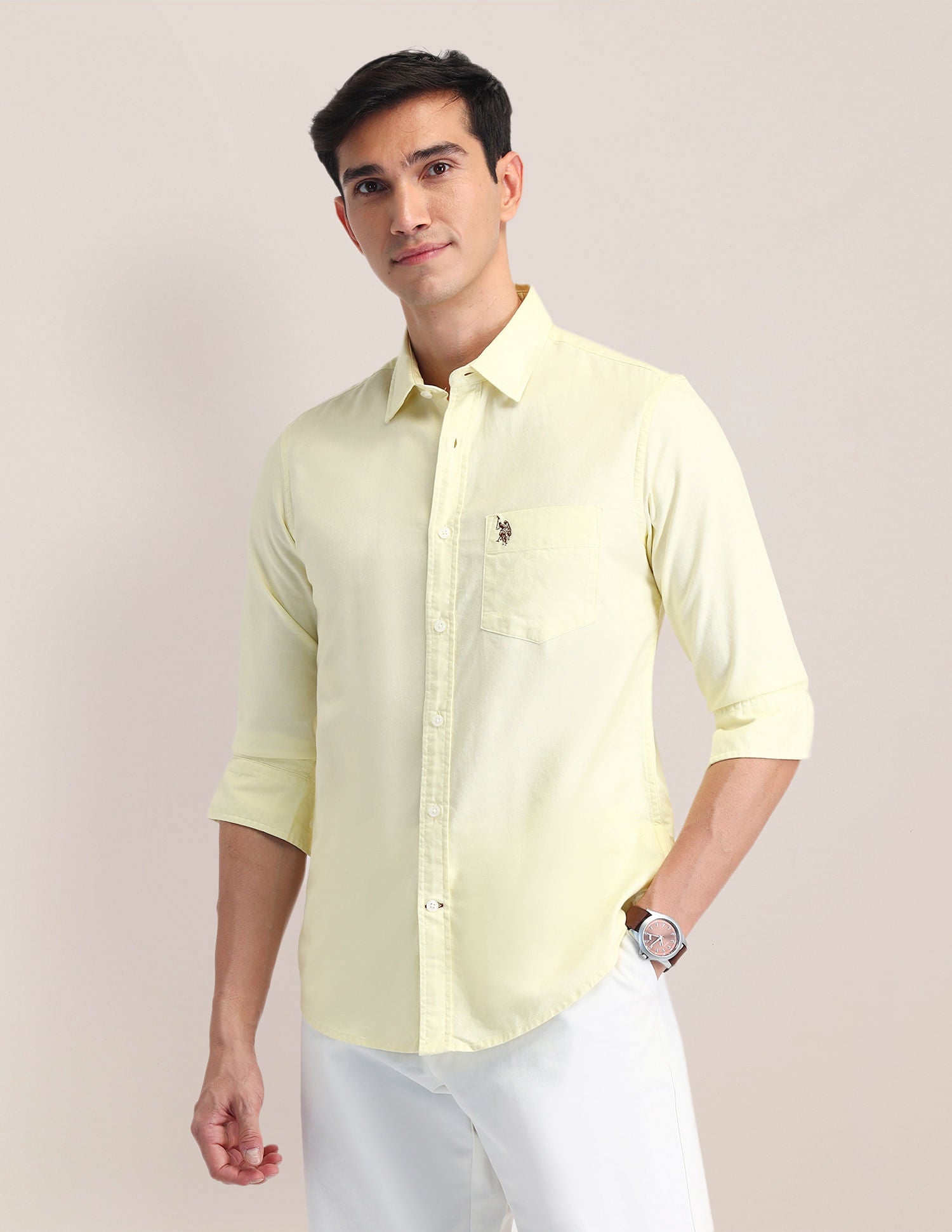 Tailored Fit Oxford Solid Shirt Light Yellow - U.S. Polo Assn. India | Large