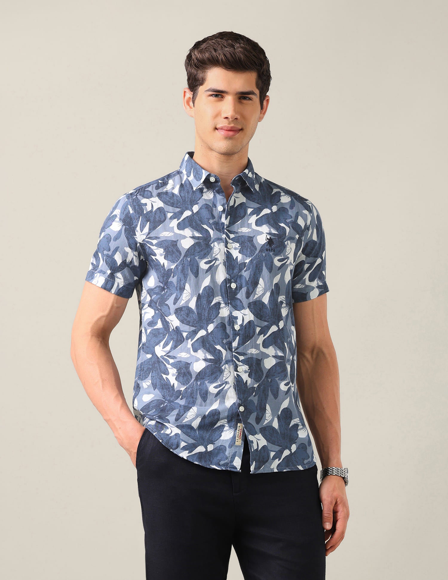 Floral Printed Regular Fit Shirt Blue - U.S. Polo Assn. India | Large