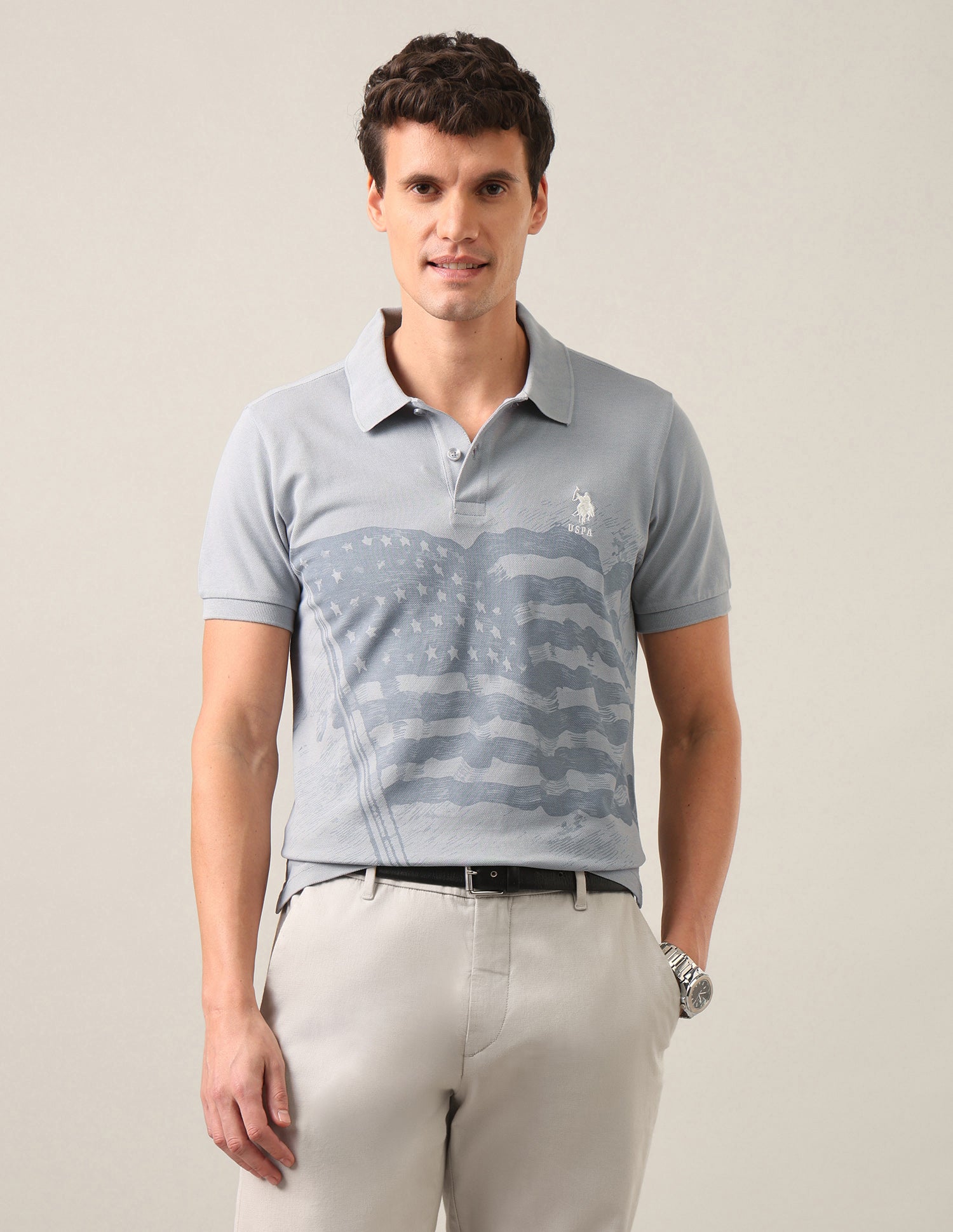 Graphic Printed Slim Fit Polo Shirt Grey - U.S. Polo Assn. India | Large