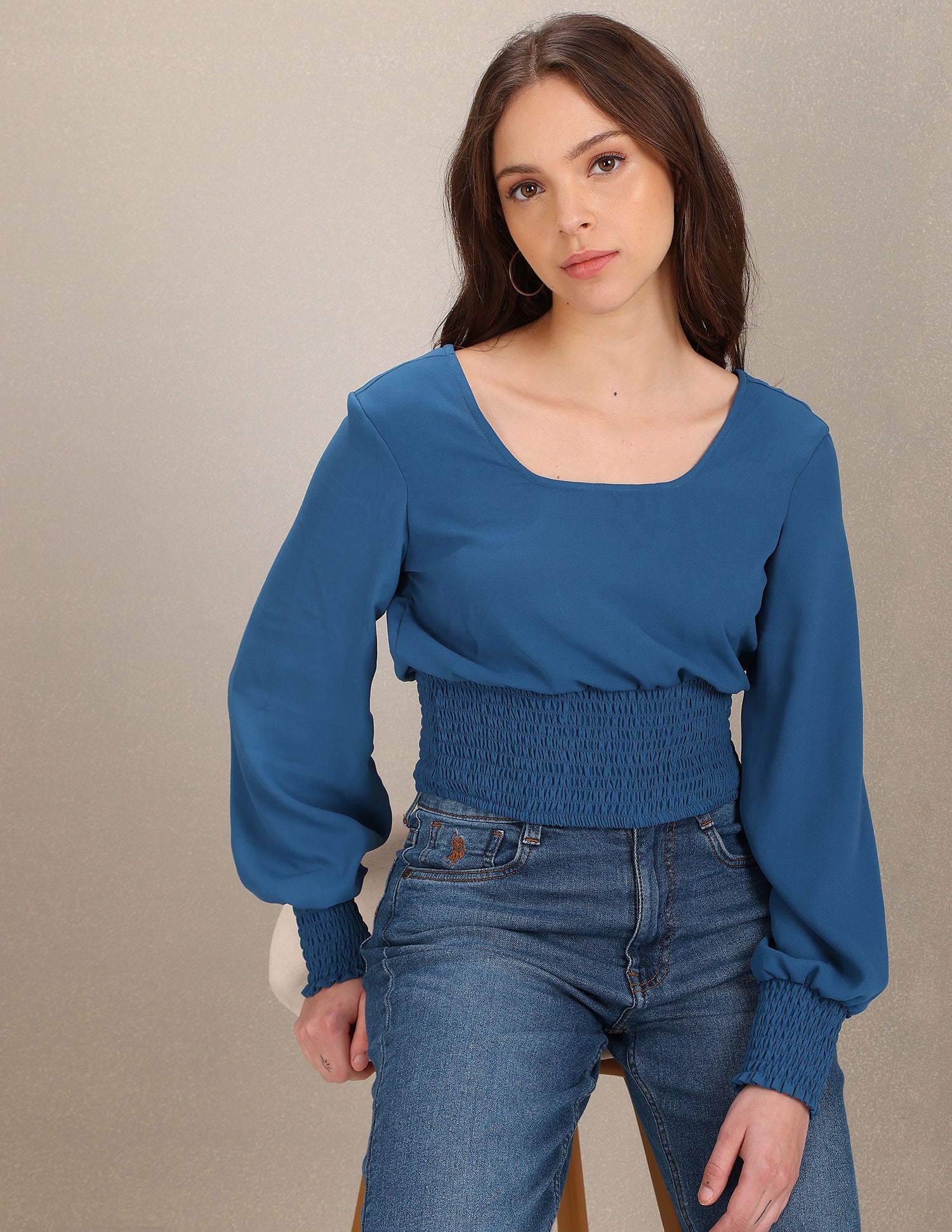 Smocked Detail Cropped Top Blue - U.S. Polo Assn. India | Large