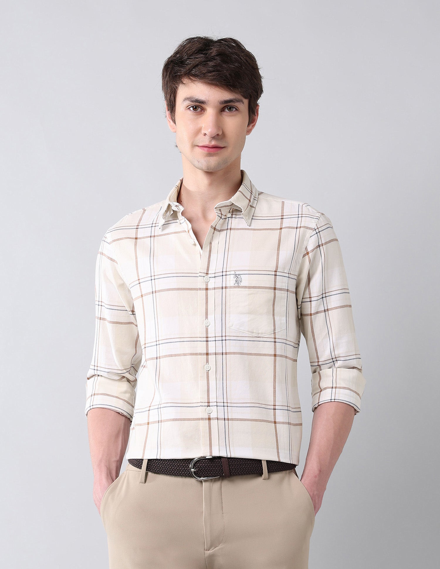 Grid Tattersall Checked Pure Cotton Shirt Ecru - U.S. Polo Assn. India | Large