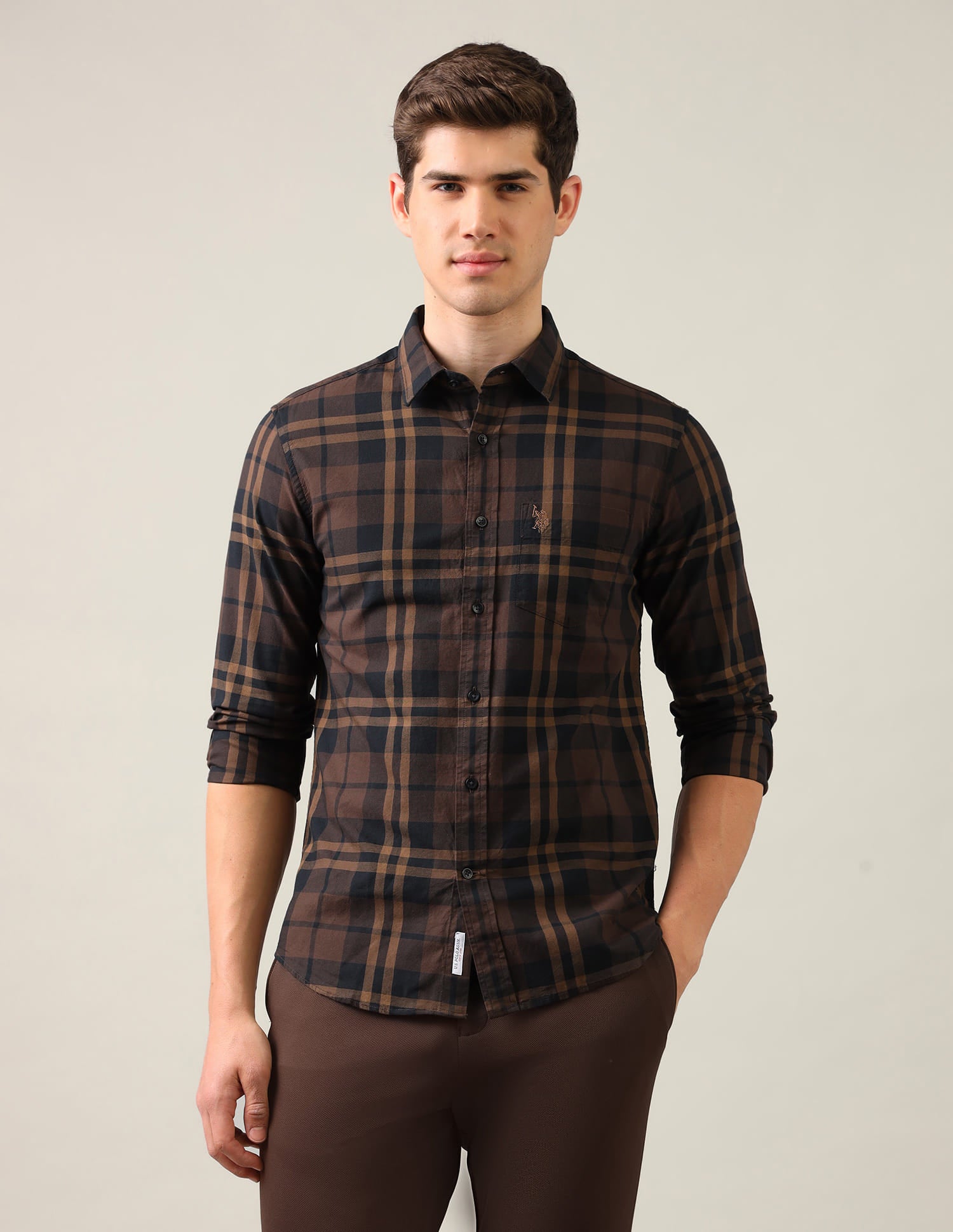 Grid Tattersall Checked Regular Fit Shirt Brown - U.S. Polo Assn. India | Large