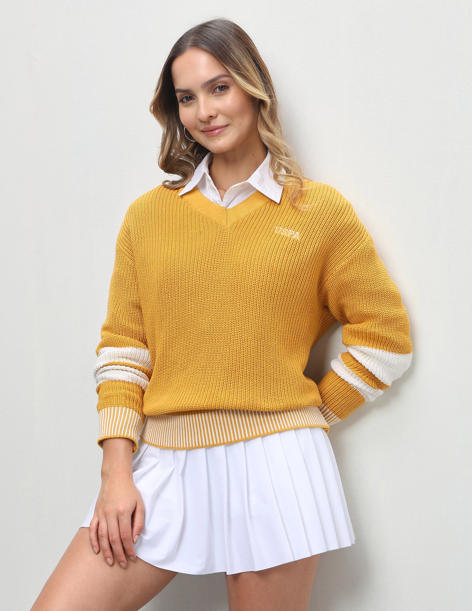 Vertical Striped Patterned Knit Regular Fit Sweater Mustard - U.S. Polo Assn. India | Large