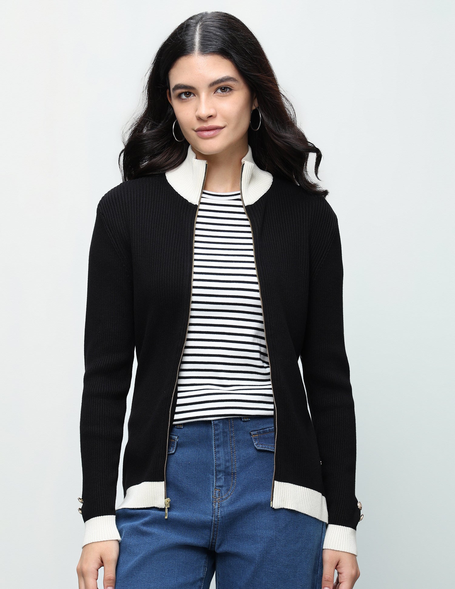 Patterned Knit Zipper Cardigan Sweater Black - U.S. Polo Assn. India | Large