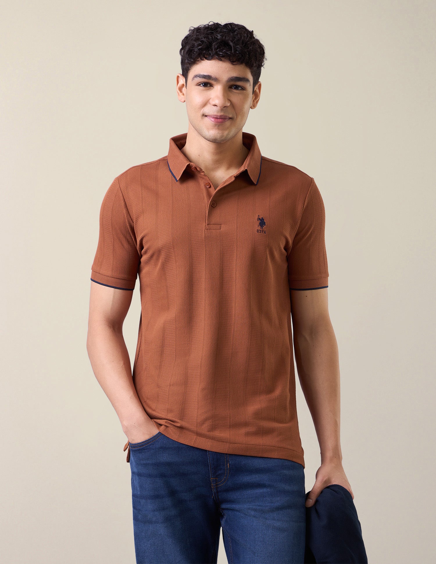 Self Design Vertical Striped Slim Fit Polo Shirt Rust - U.S. Polo Assn. India | Large