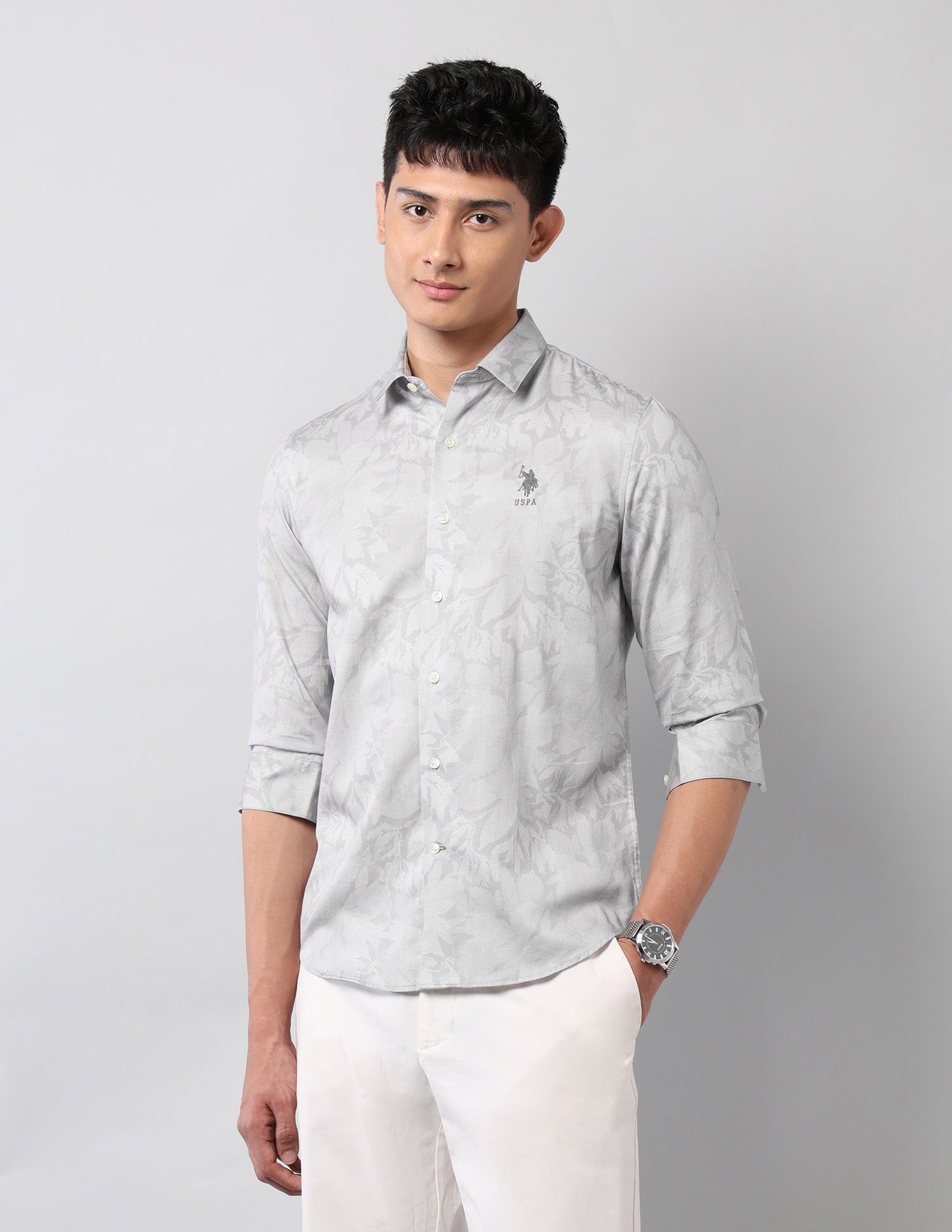Floral Printed Pure Cotton Shirt Light Grey - U.S. Polo Assn. India | Large