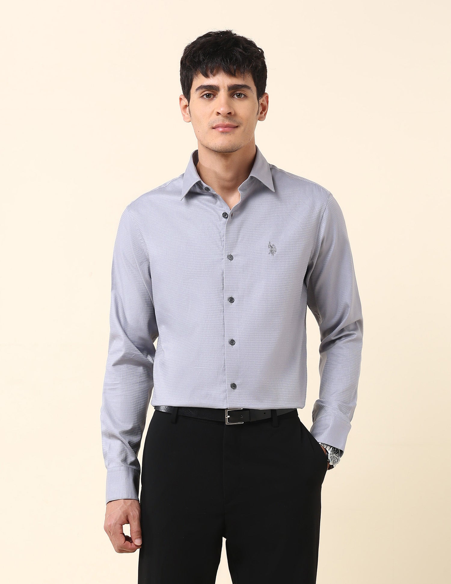 Tailored Fit Textured Shirt Light Grey - U.S. Polo Assn. India | Large