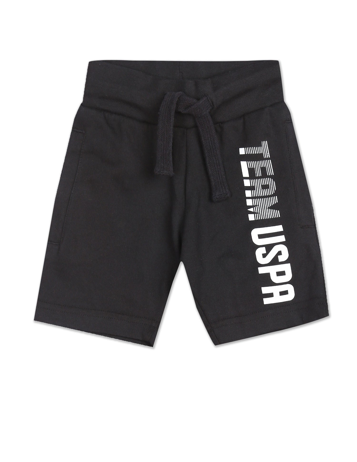 Boys Black Elasticized Waist Brand Print Shorts Black - U.S. Polo Assn. India | Large