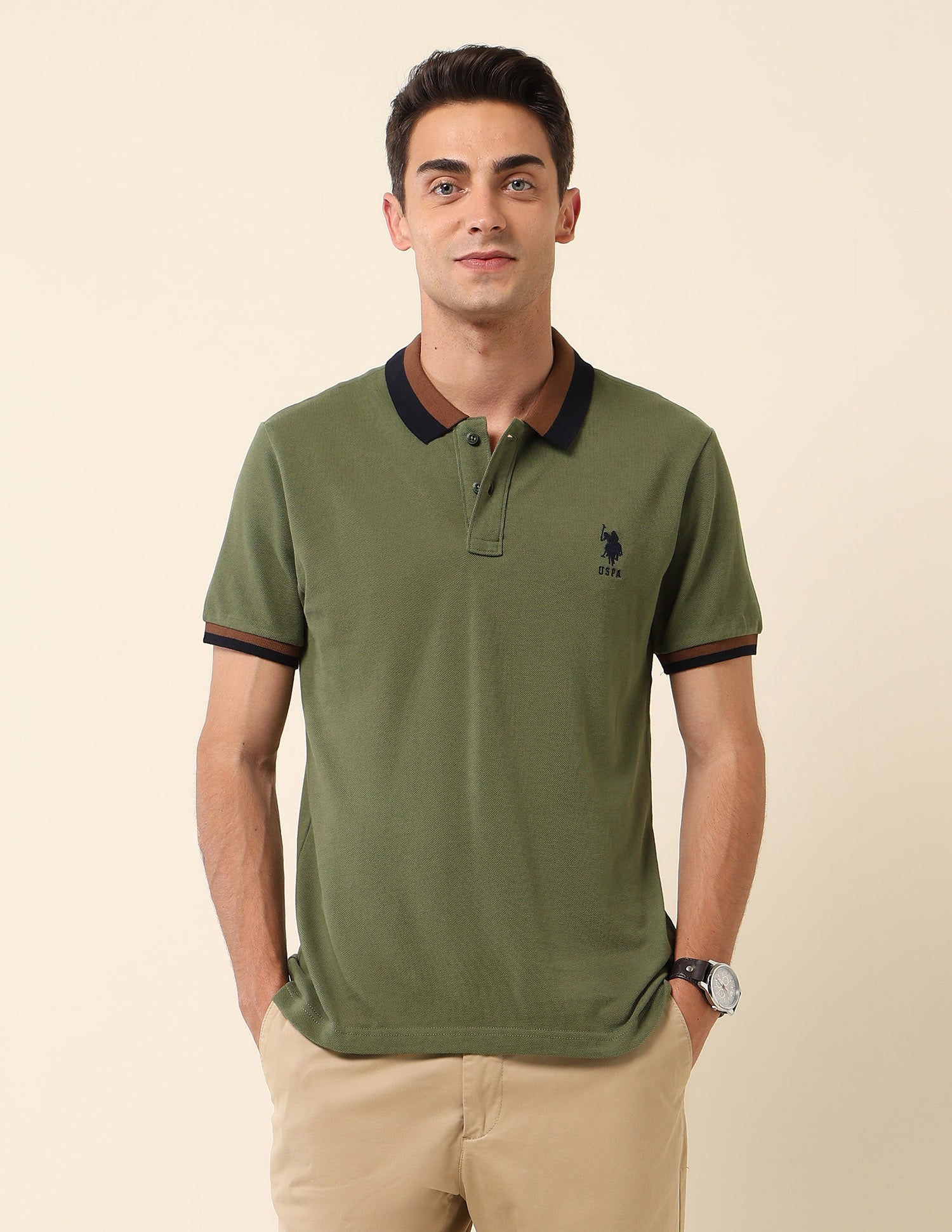 Solid Slim Fit Polo Shirt Olive - U.S. Polo Assn. India | Large