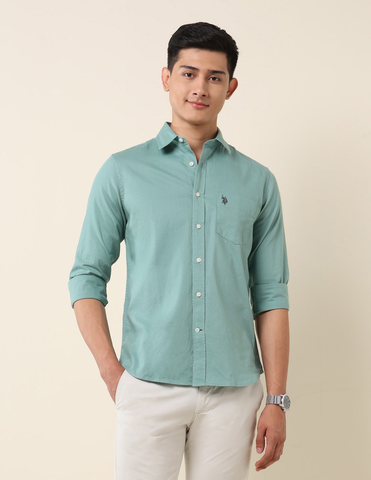 Pure Cotton Dobby Tailored Fit Shirt Light Green - U.S. Polo Assn. India | Large