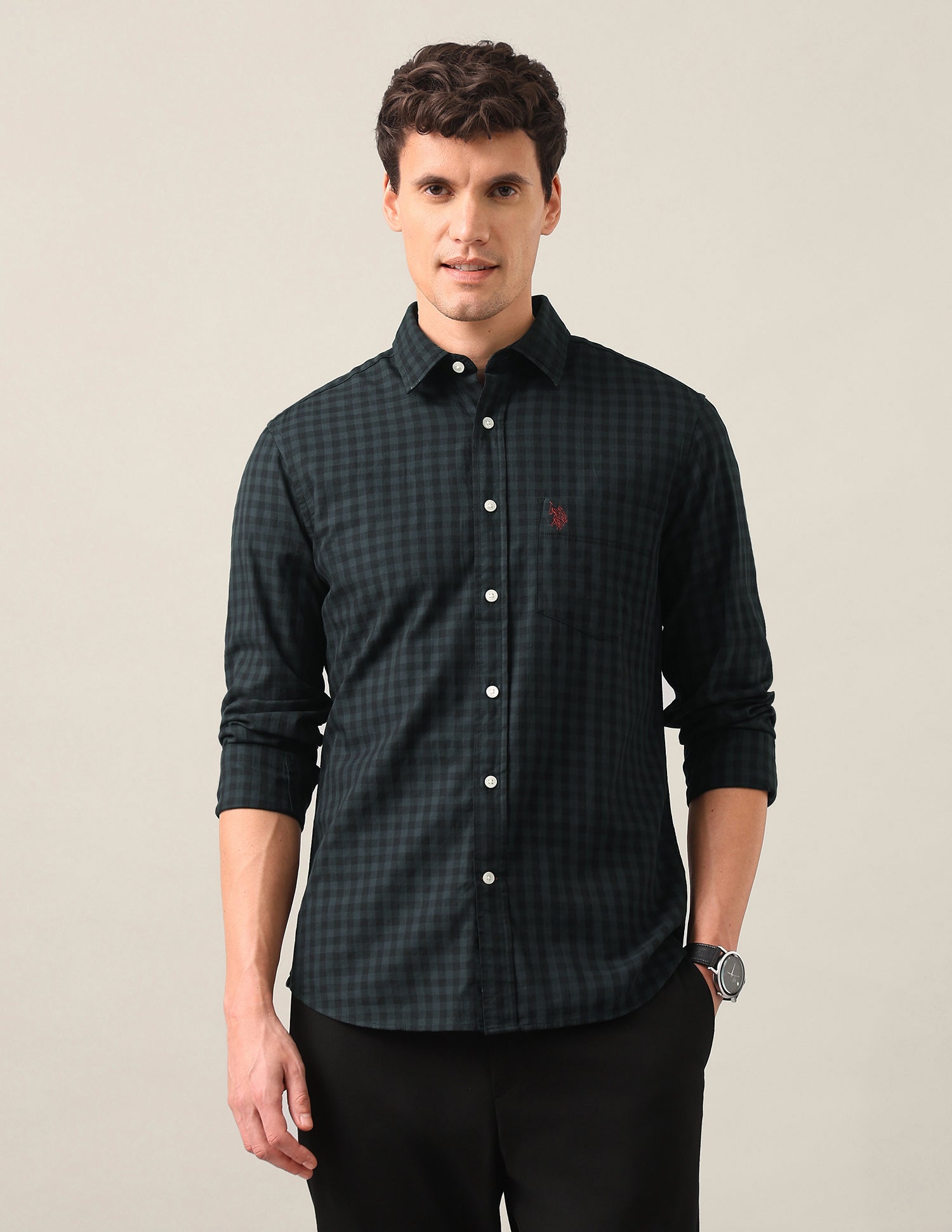 Gingham Checked Twill Shirt Green - U.S. Polo Assn. India | Large