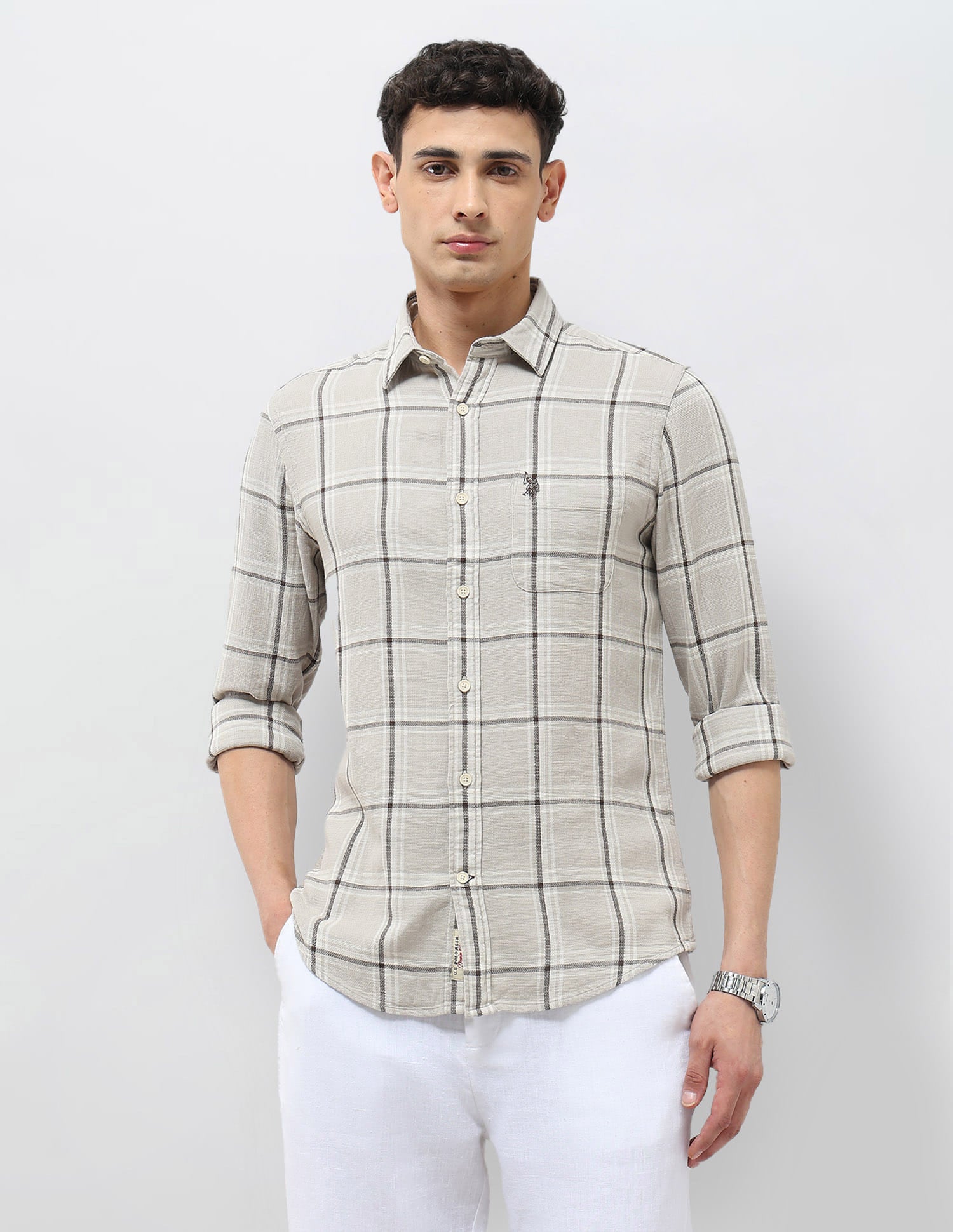 Dobby Grid Tattersall Checked Shirt Off White - U.S. Polo Assn. India | Large