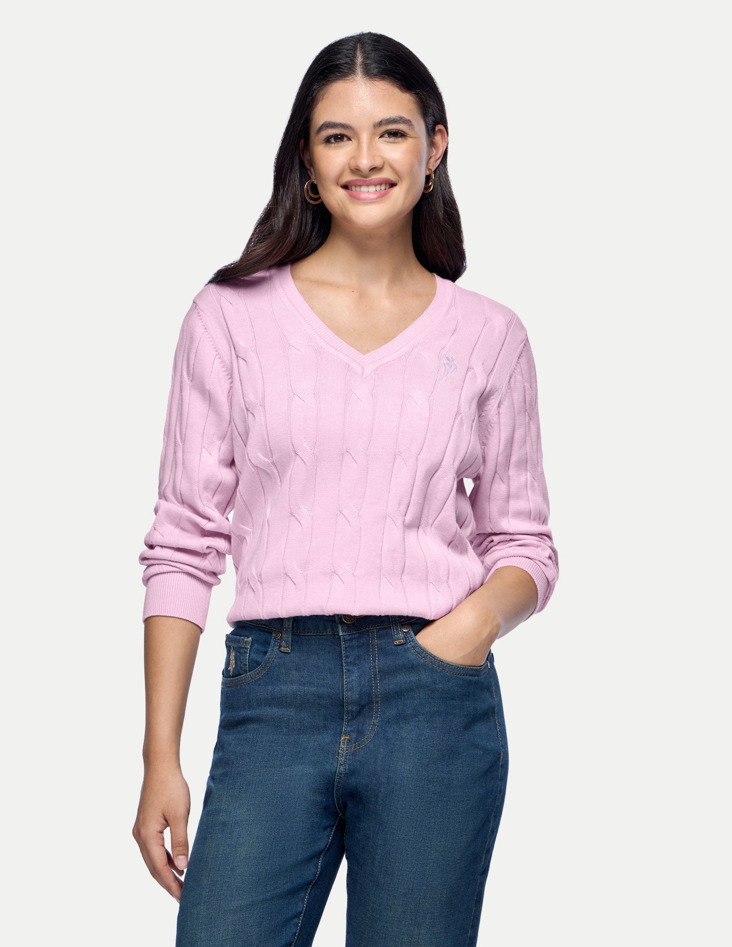 Cable Patterned Knit Regular Fit Sweater Light Pink - U.S. Polo Assn. India | Large