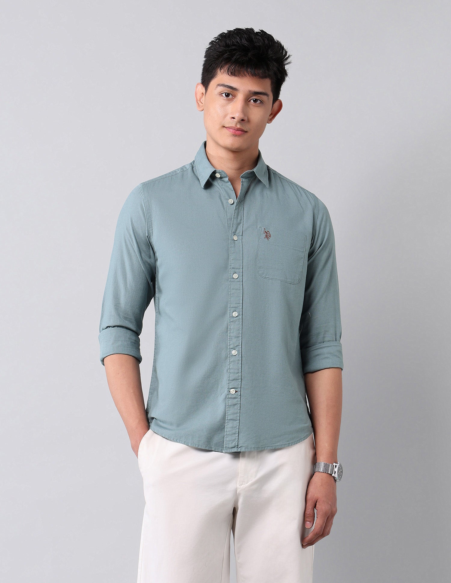 Solid Pure Cotton Shirt Teal - U.S. Polo Assn. India | Large