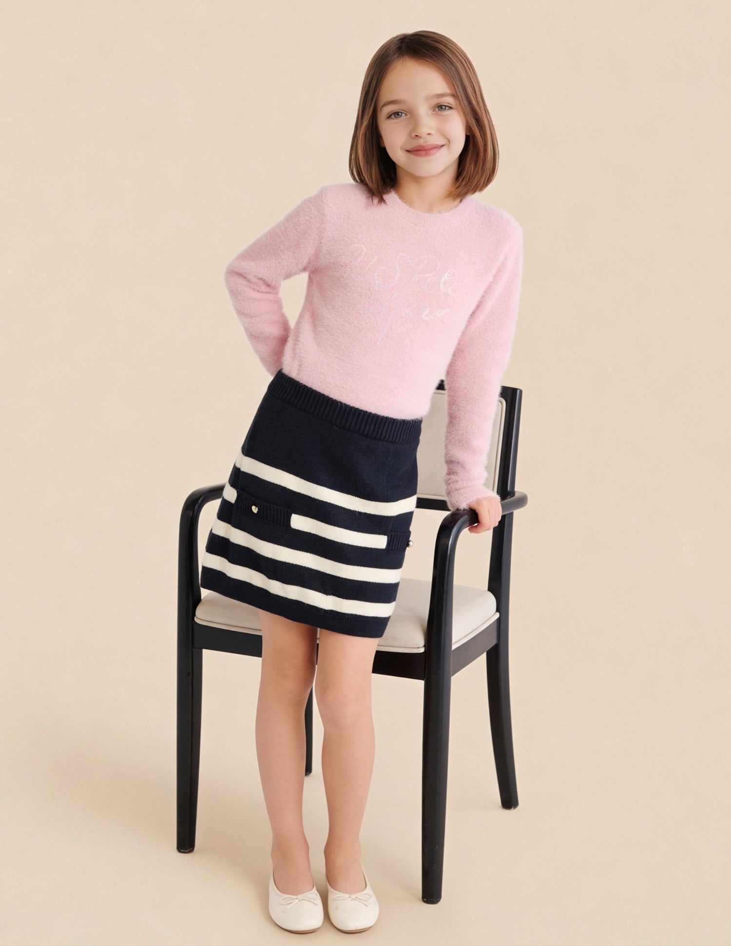 Girls Horizontal Striped Straight Fit Skirt