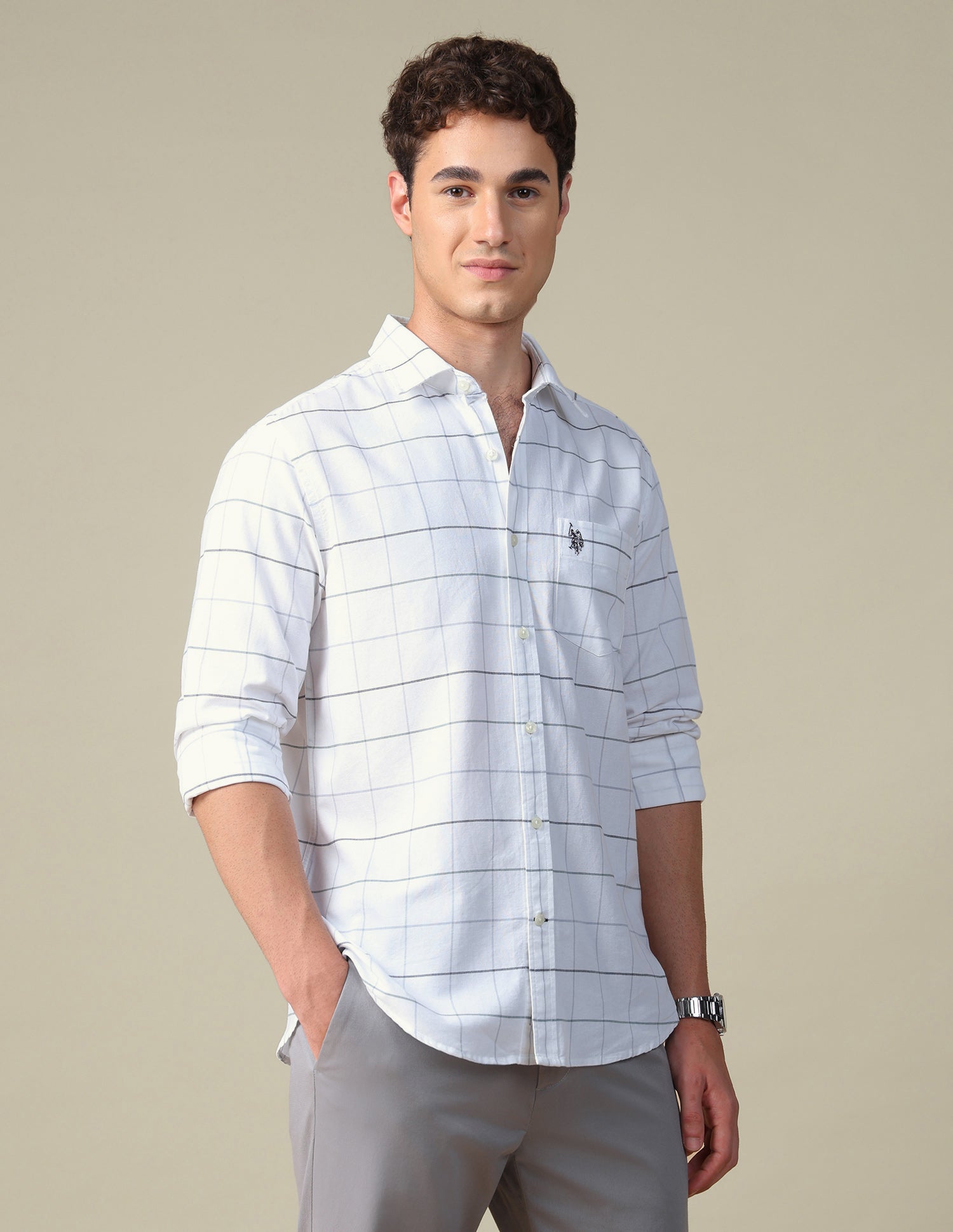 Windowpane Checked Oxford Shirt Grey - U.S. Polo Assn. India | Large