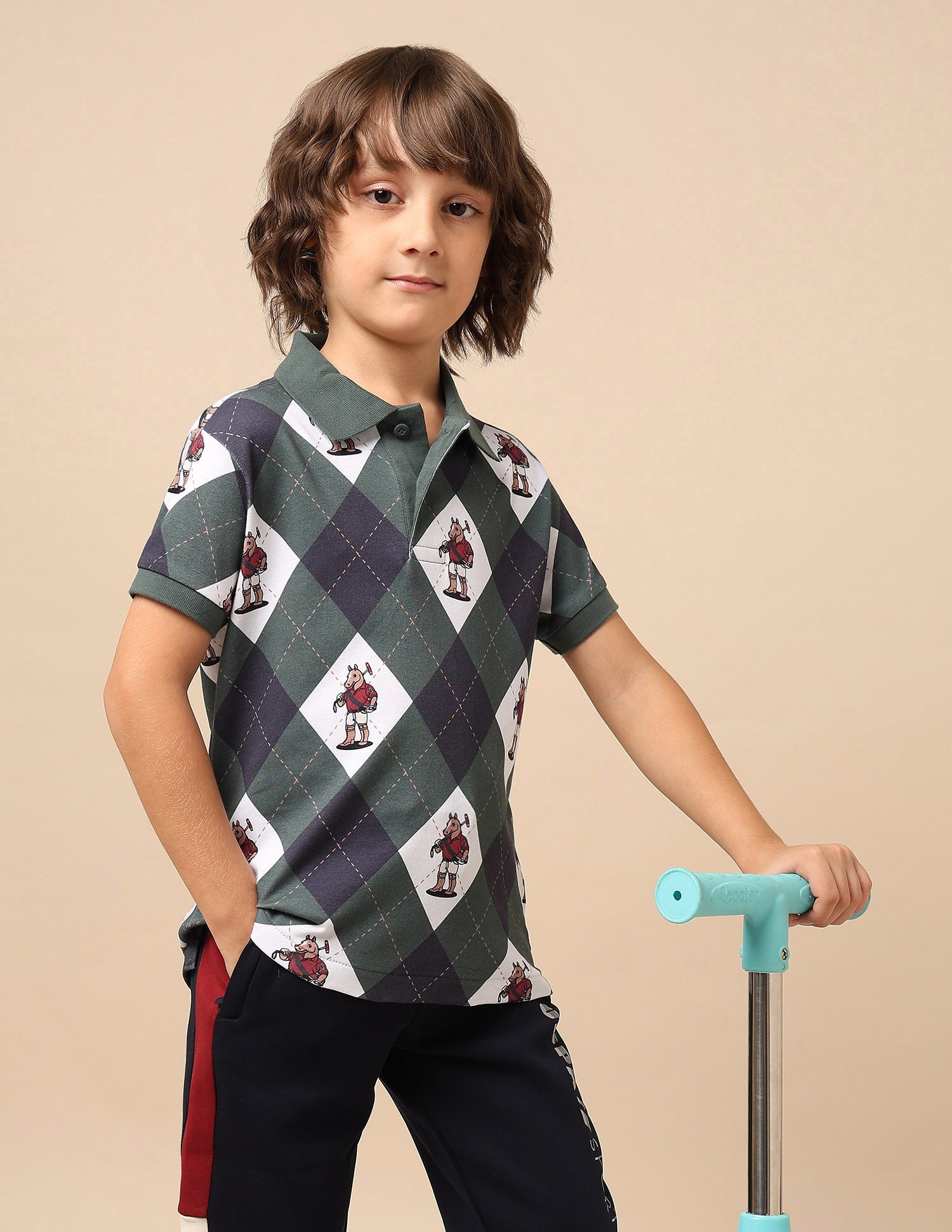 Boys Graphic Argyle Printed Polo Shirt