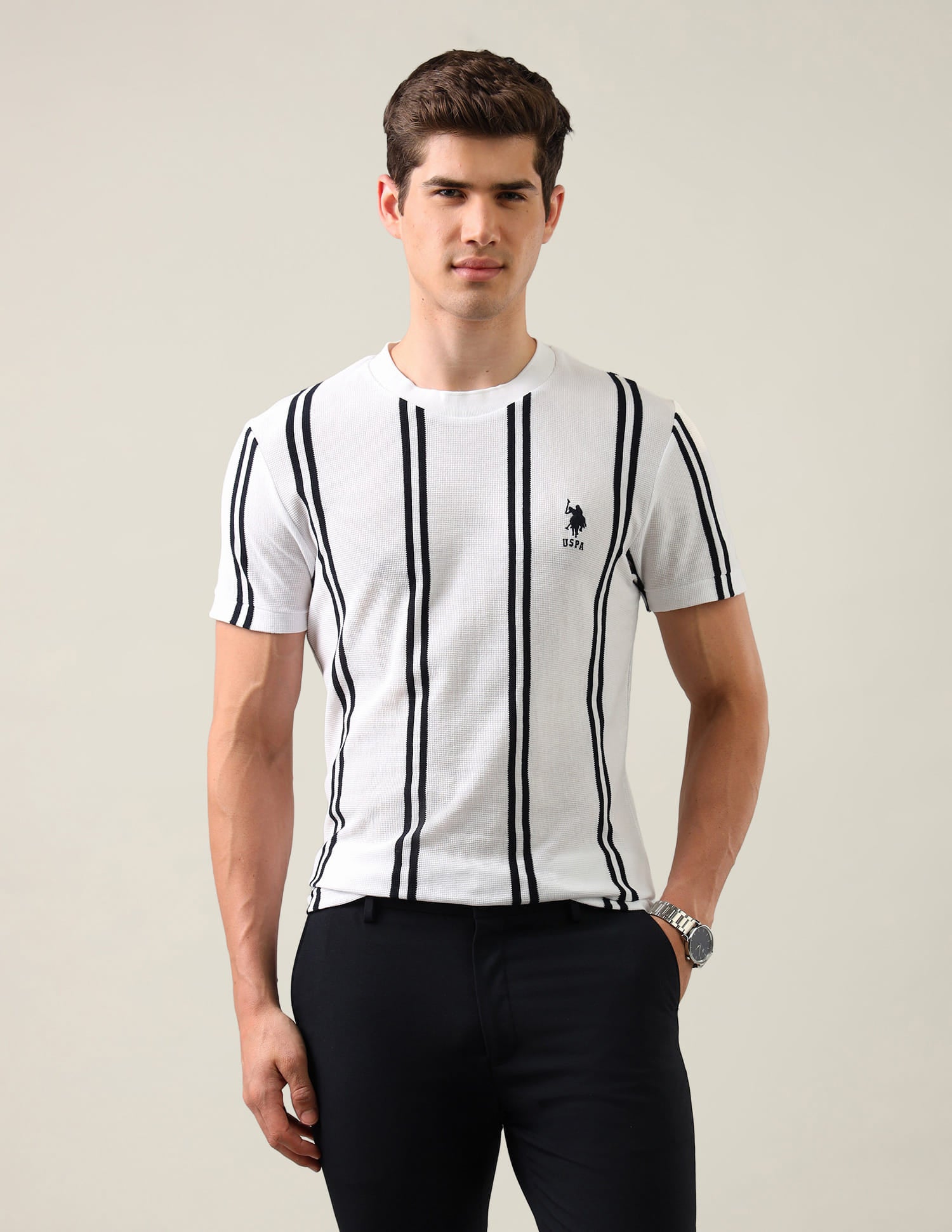 Vertical Striped Slim Fit T-Shirt White - U.S. Polo Assn. India | Large