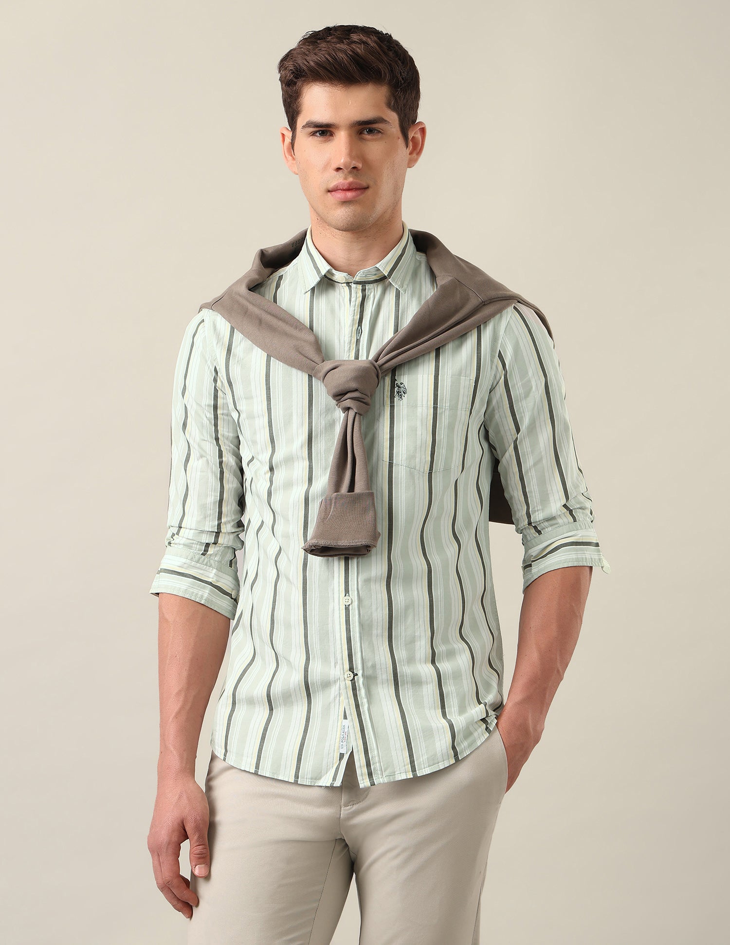 Tailored Fit Vertical Striped Shirt Green - U.S. Polo Assn. India | Large