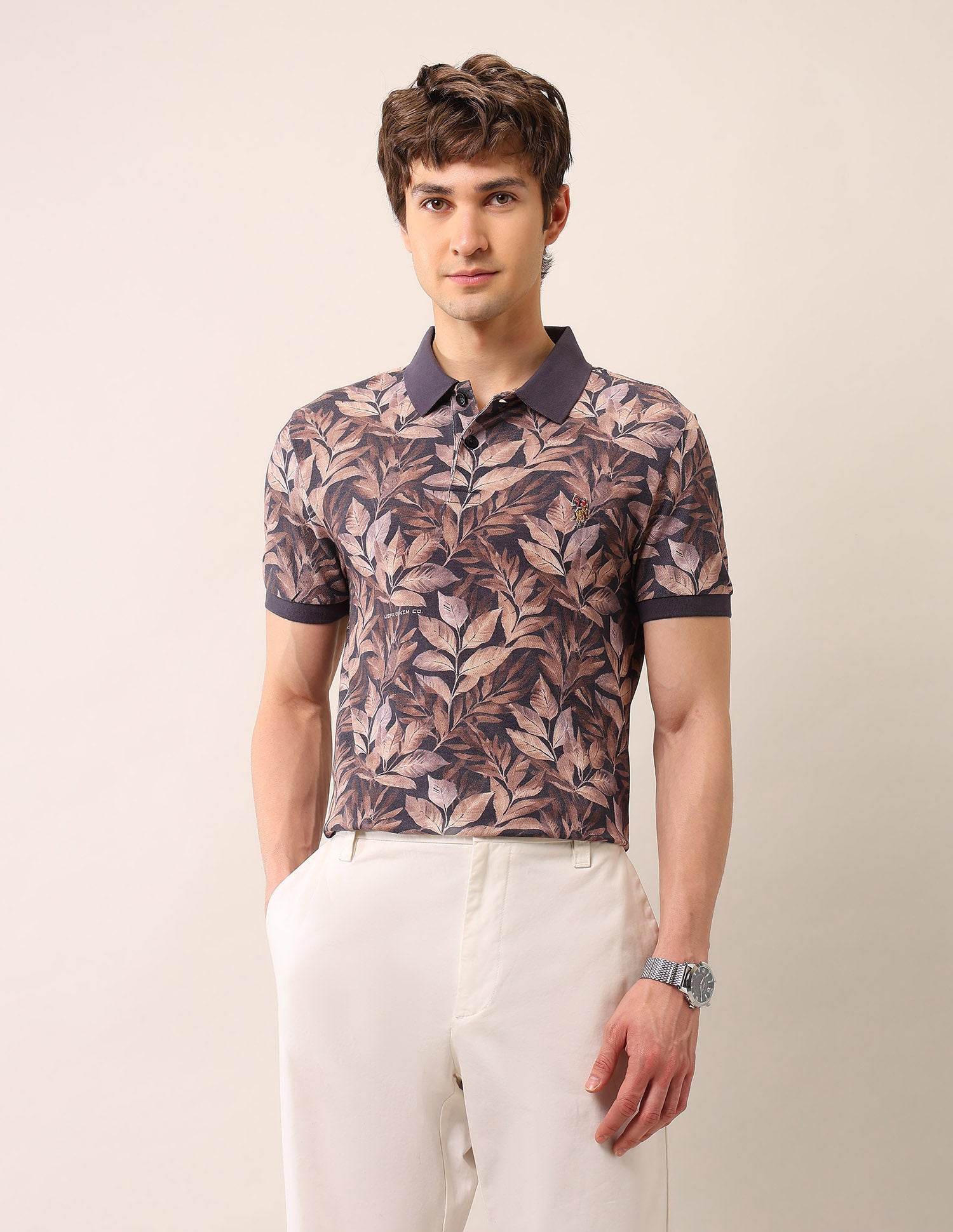 Tropical Printed Pure Cotton Polo Shirt Black - U.S. Polo Assn. India | Large