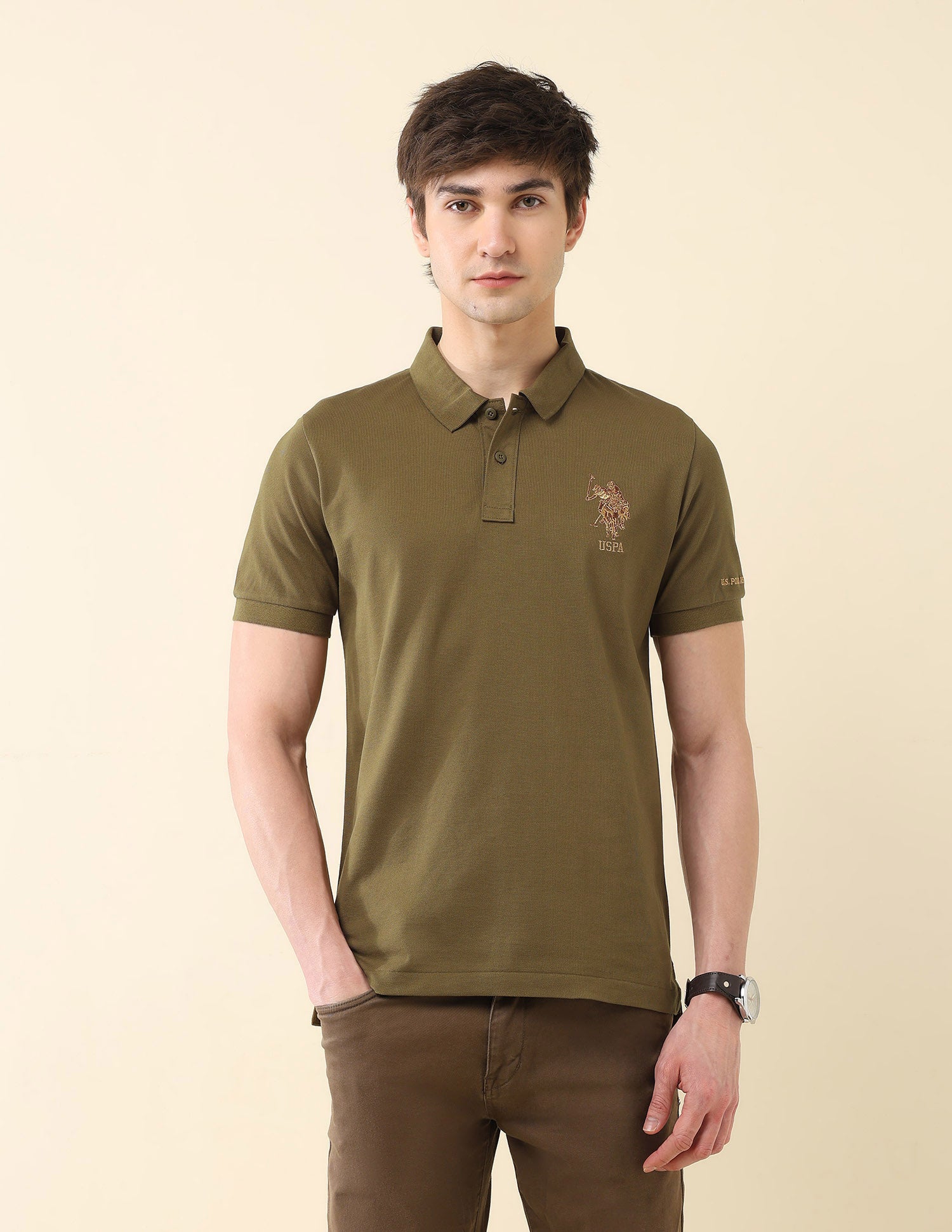 Solid Pure Cotton Gold Cup Polo Shirt Olive - U.S. Polo Assn. India | Large