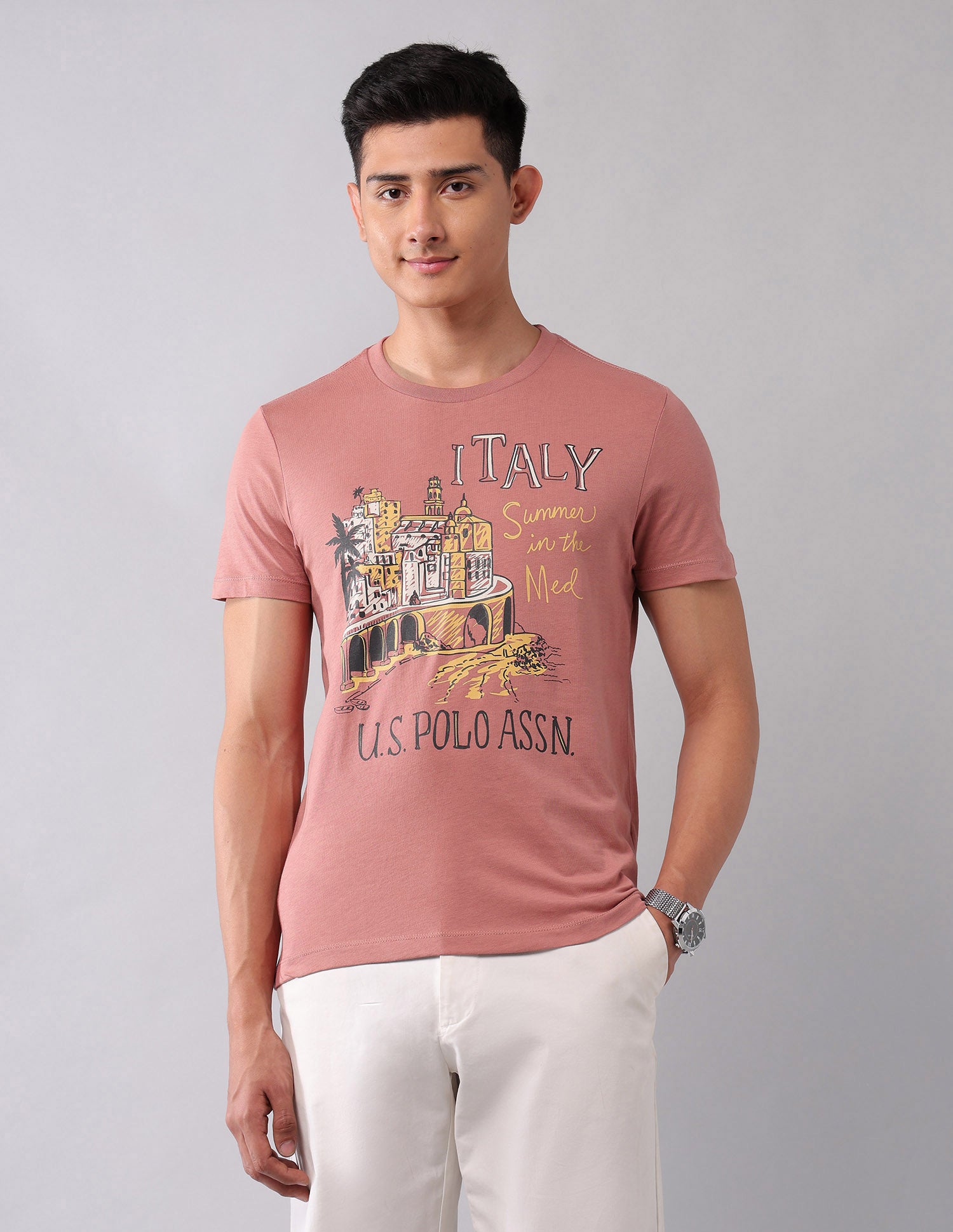 Muscle Fit Graphic Printed T-Shirt Peach - U.S. Polo Assn. India | Large