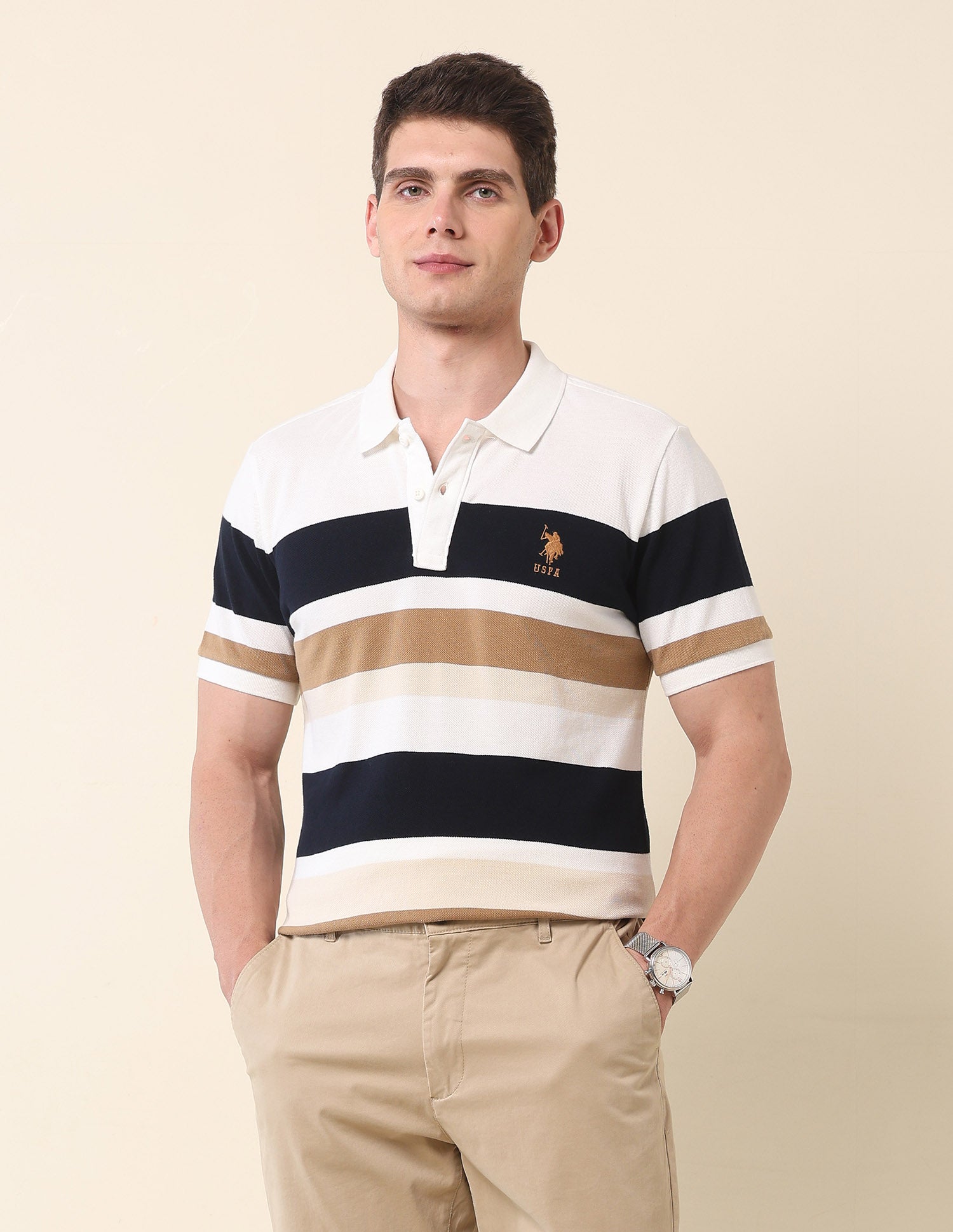 Horizontal Striped Gold Cup Polo Shirt