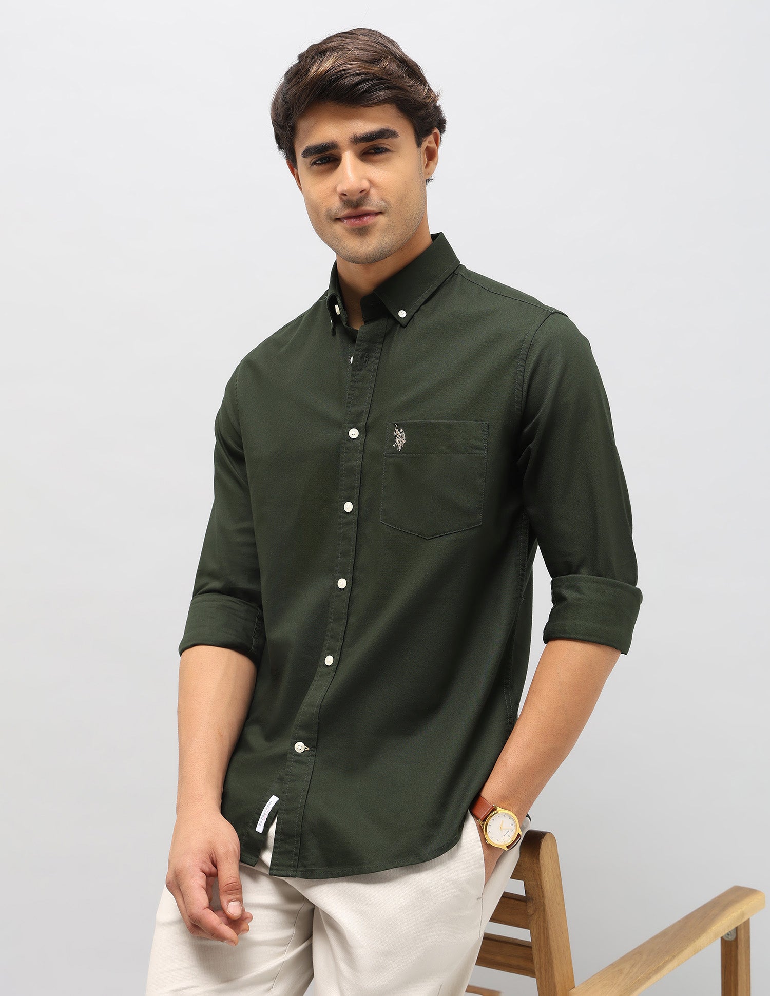Pure Cotton Tailored Fit Shirt Dark Green - U.S. Polo Assn. India | Large