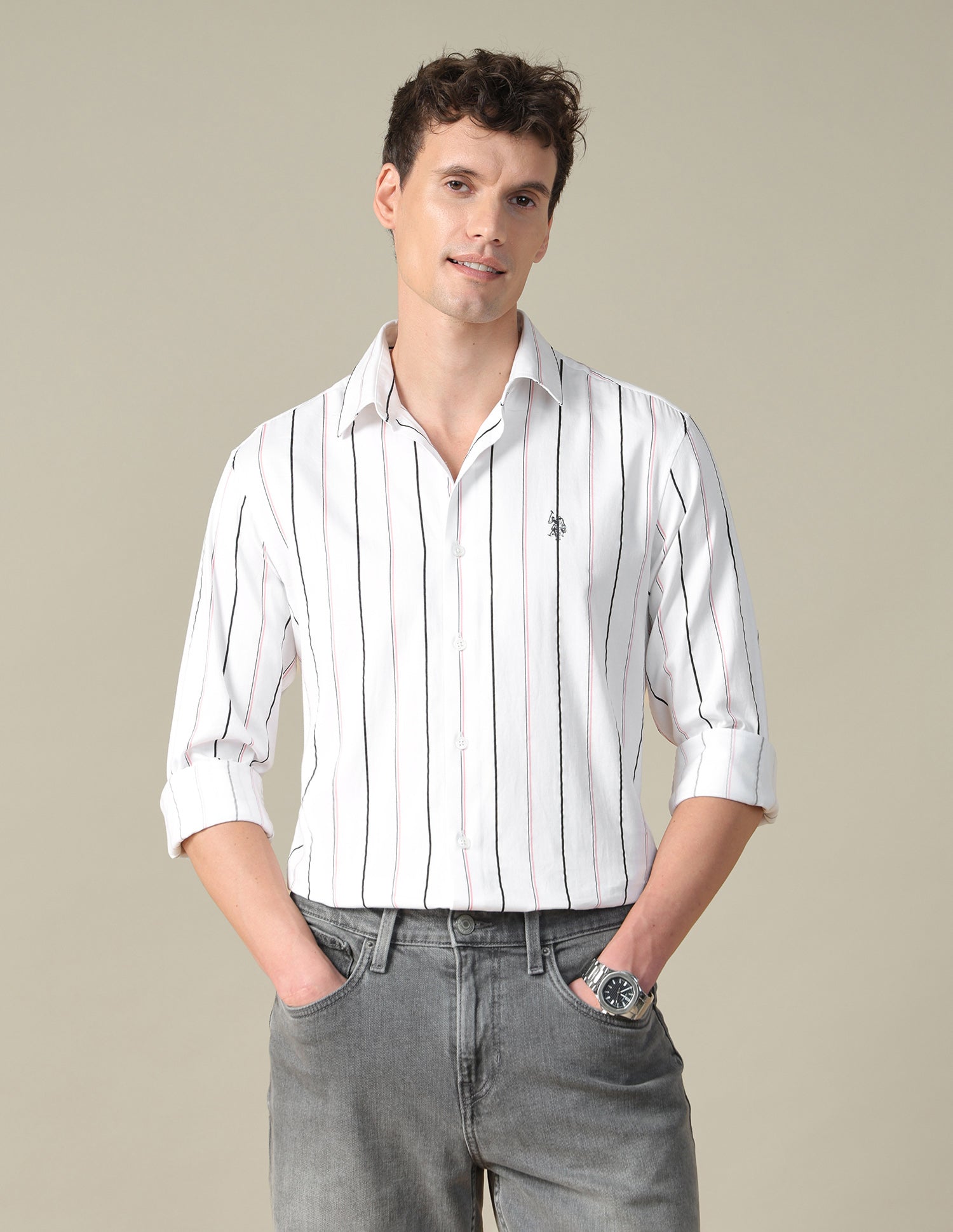 Vertical Striped Satin Shirt Pink - U.S. Polo Assn. India | Large
