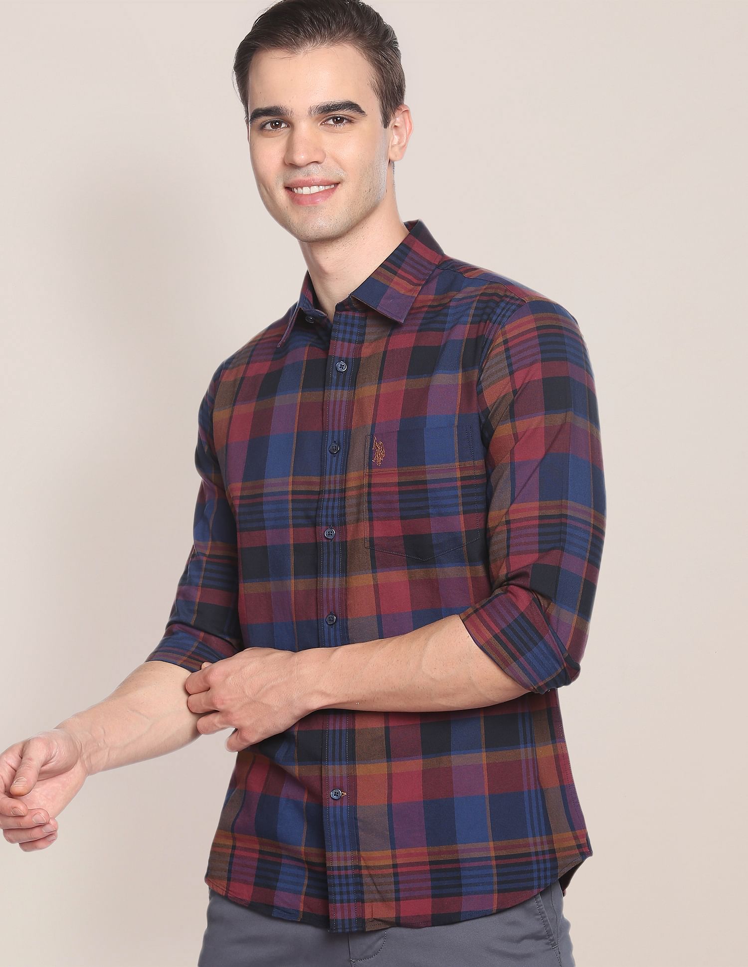 Oxford Check Cotton Casual Shirt Wine - U.S. Polo Assn. India | Large