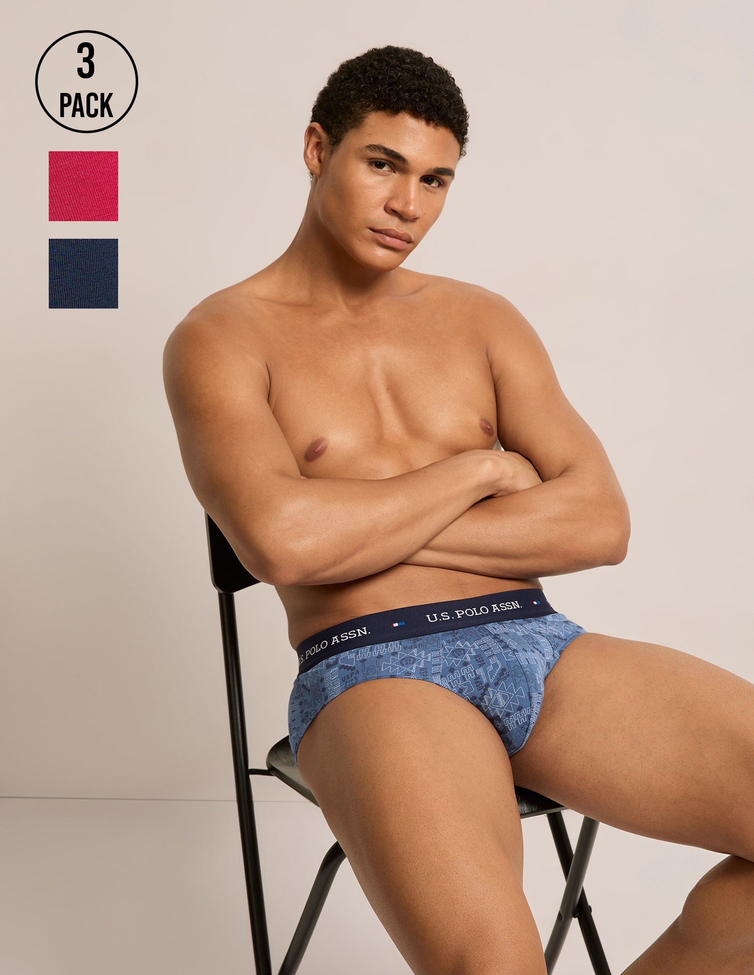 Breathable Cotton Stretch OEB25 Briefs - Pack of 3 Navy, Red, Moonlight Blue - U.S. Polo Assn. India | Large