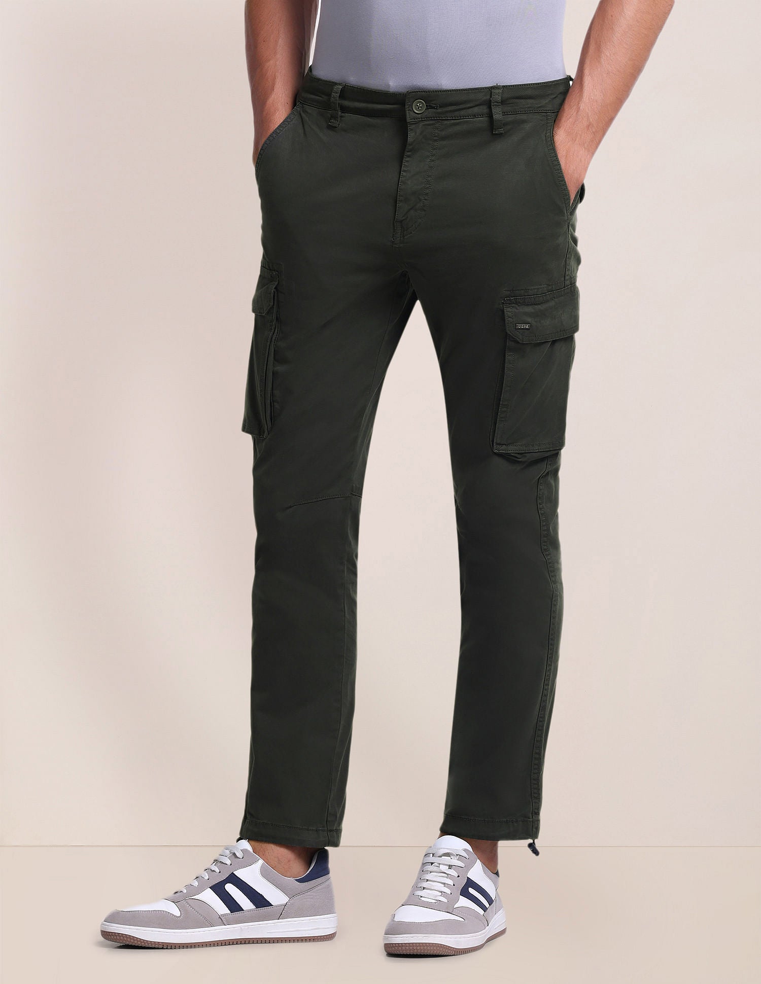 Slim Straight Fit Solid Cargo Pants Olive - U.S. Polo Assn. India | Large