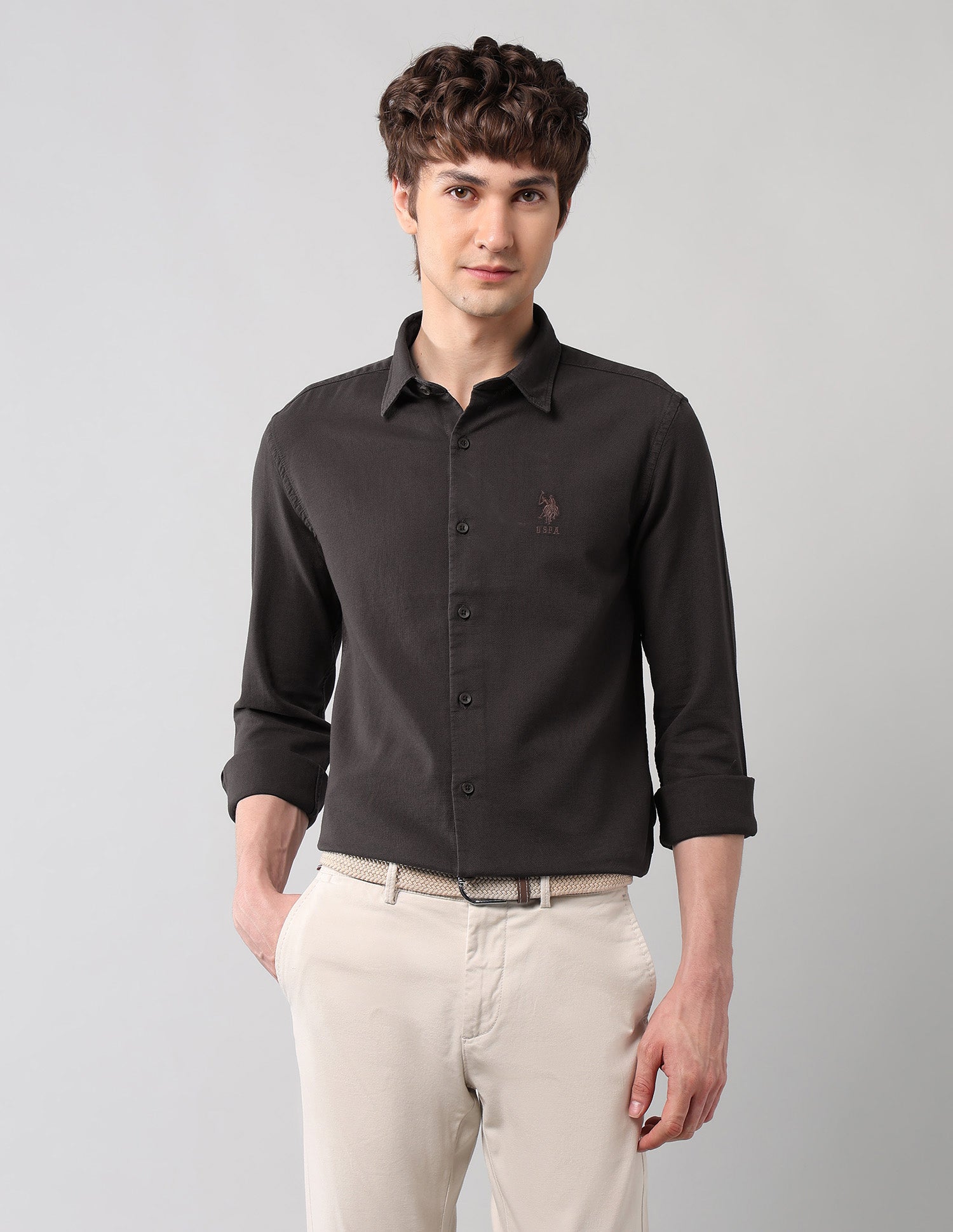 Pure Cotton Regular Fit Dobby Shirt Choco - U.S. Polo Assn. India | Large