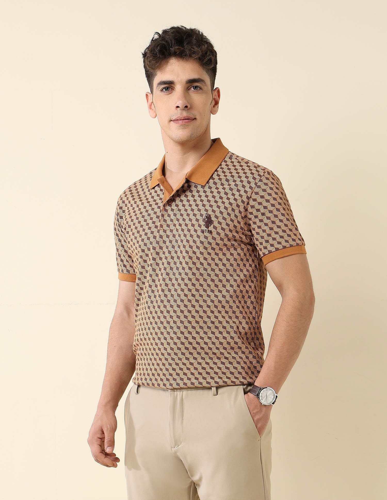 All-Over Printed Slim Fit Polo Shirt Brown - U.S. Polo Assn. India | Large