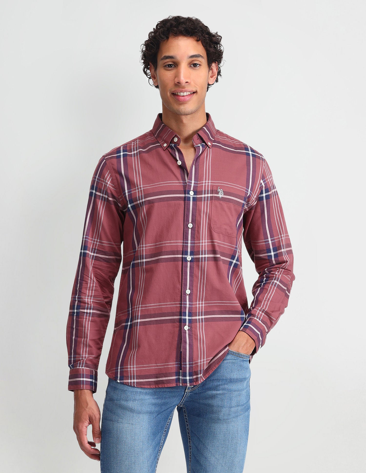 Grid Tattersall Checked Slim Fit Shirt Red - U.S. Polo Assn. India | Large